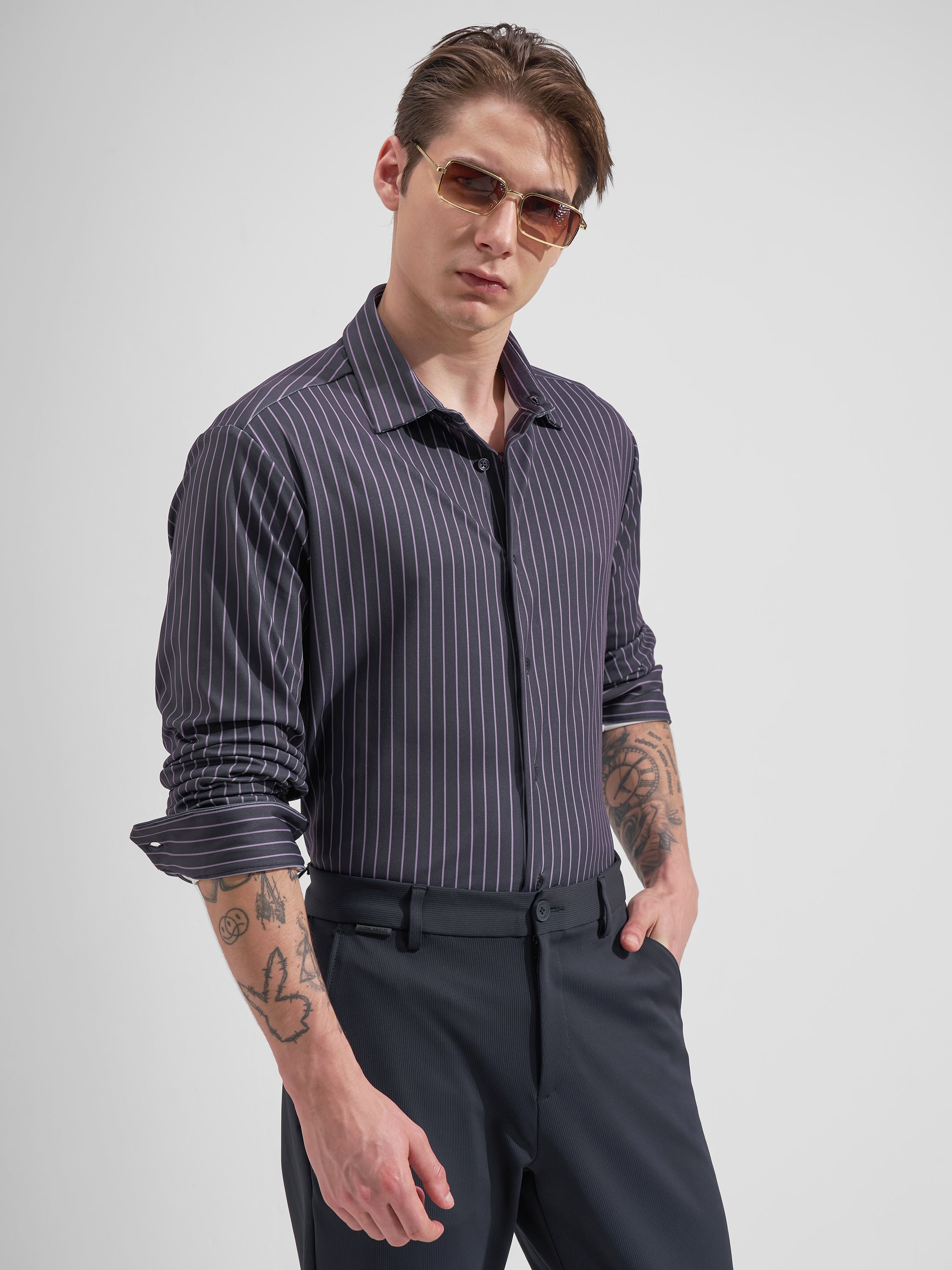 Highlander Men Purple Striped Slim Fit Casual Shirt