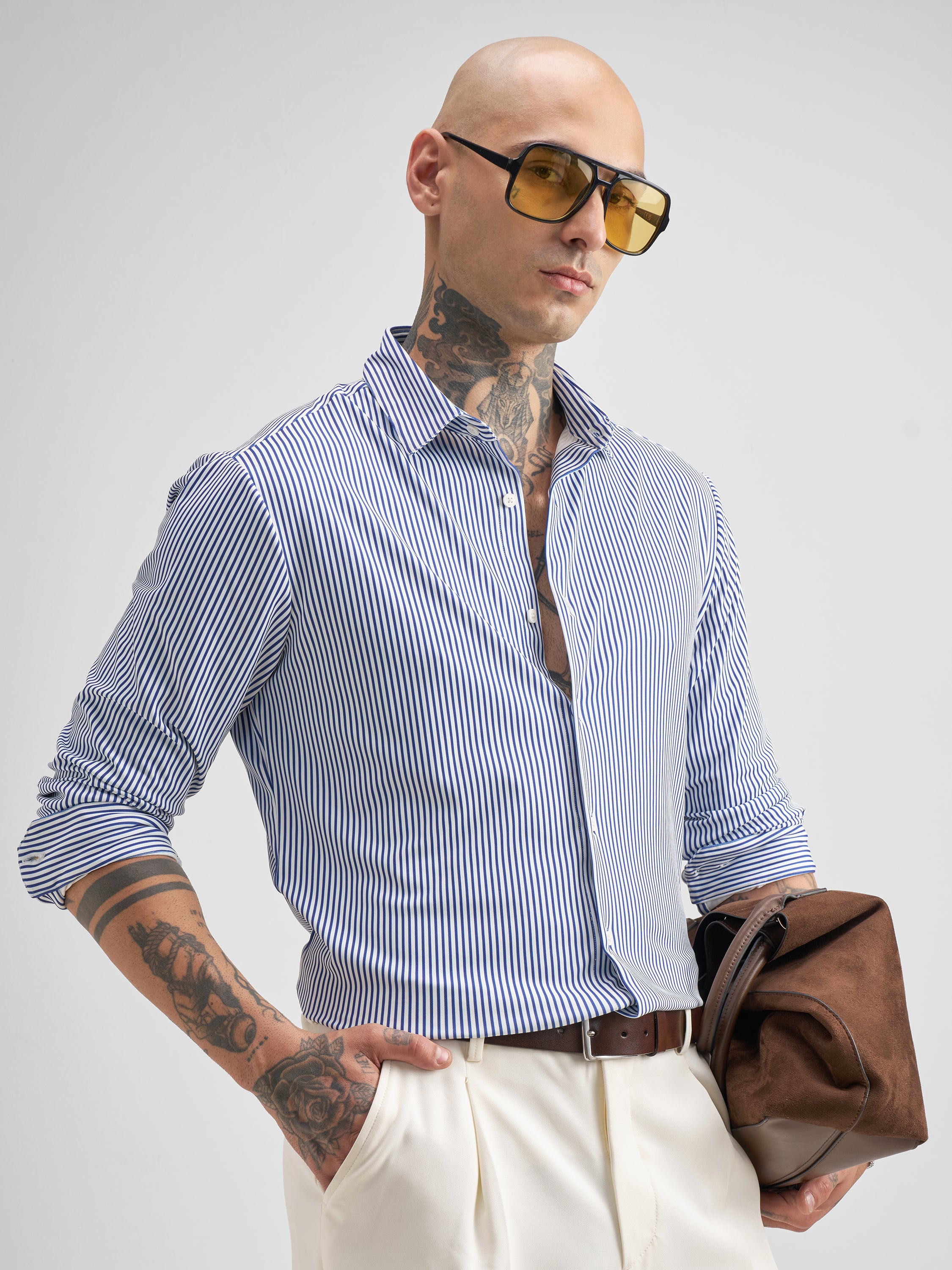 Highlander Men White Striped Slim Fit Casual Shirt - White - Image 6