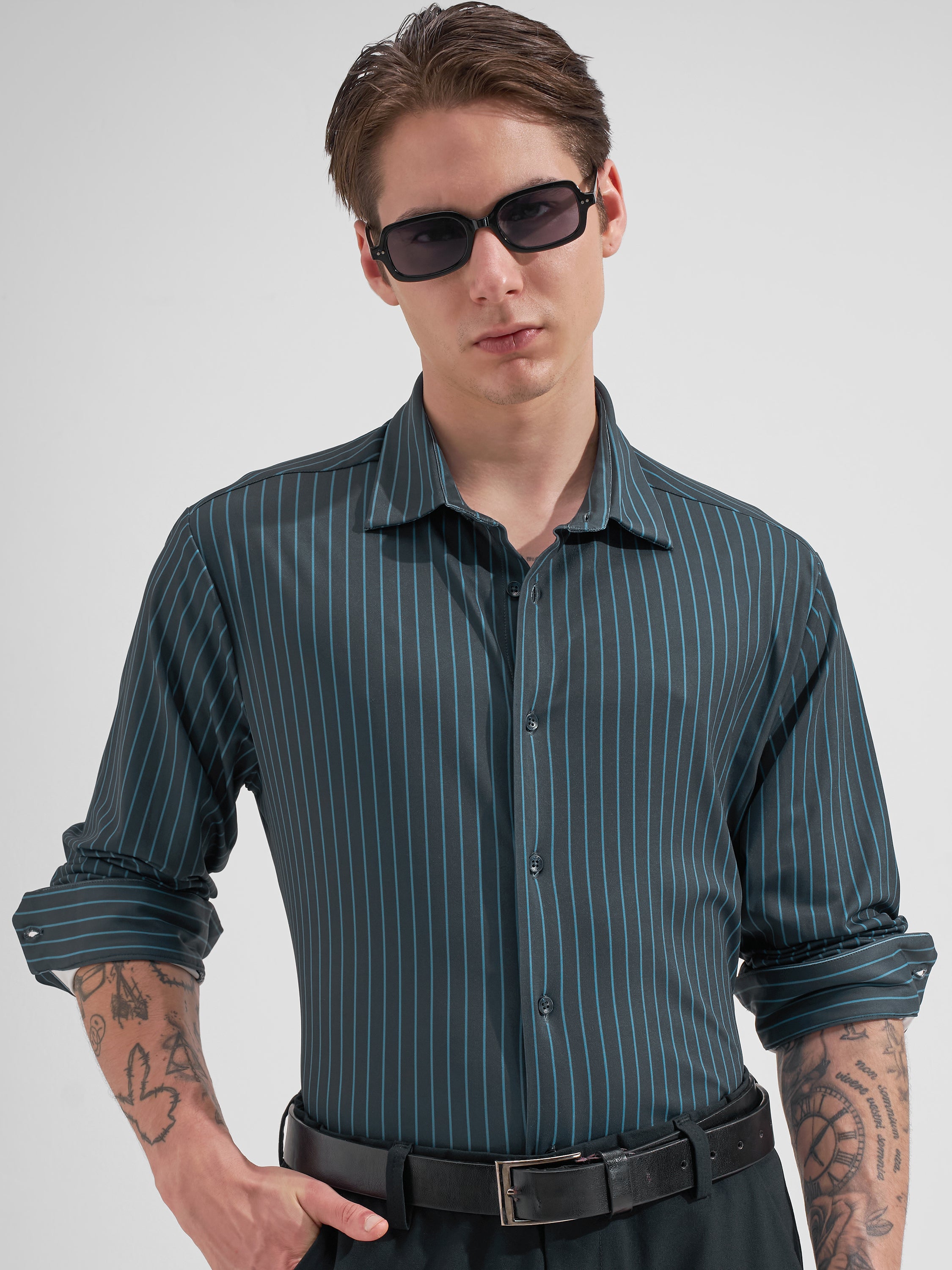 Highlander Men Navy Blue Striped Slim Fit Casual Shirt