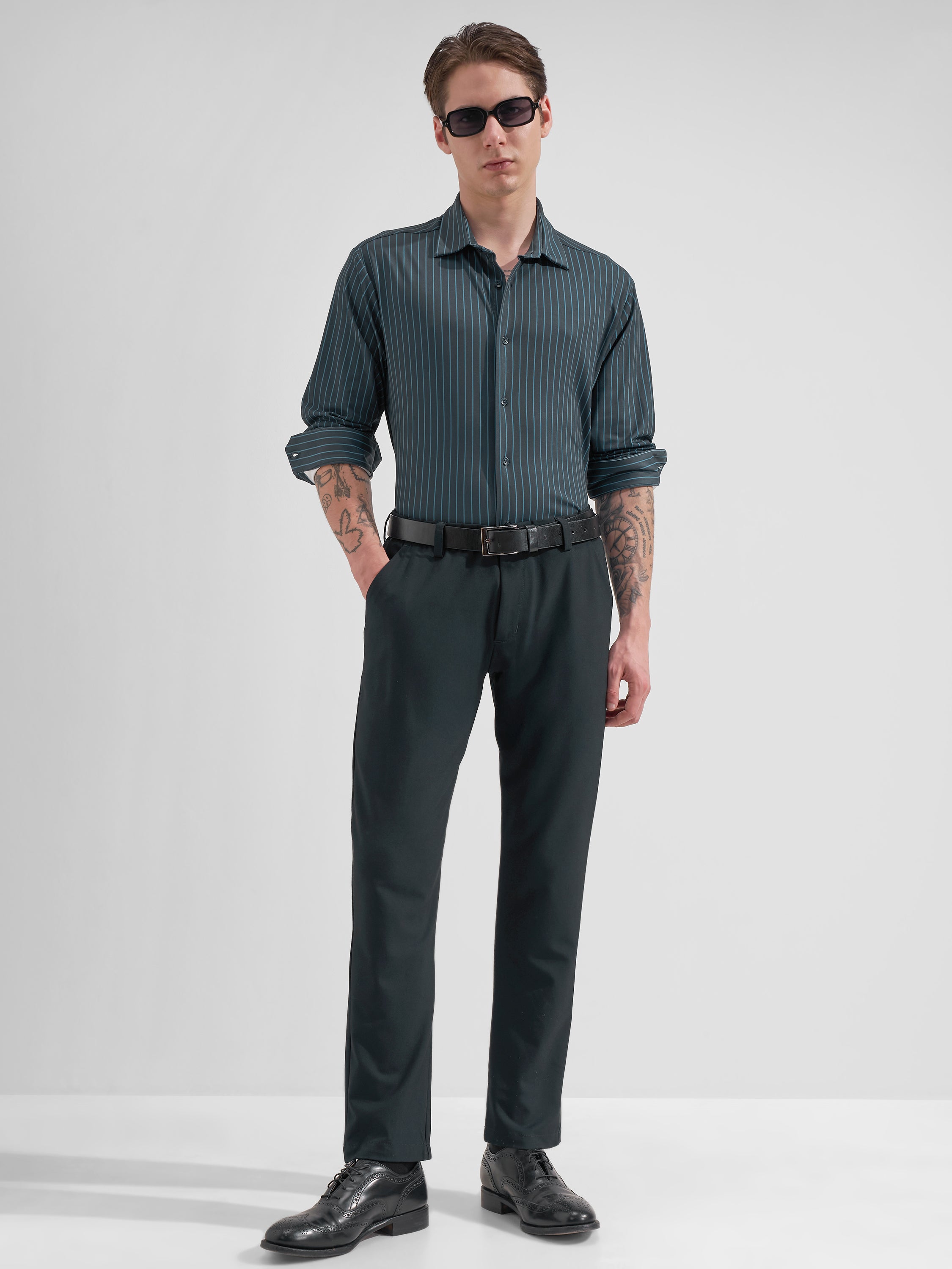 Highlander Men Navy Blue Striped Slim Fit Casual Shirt