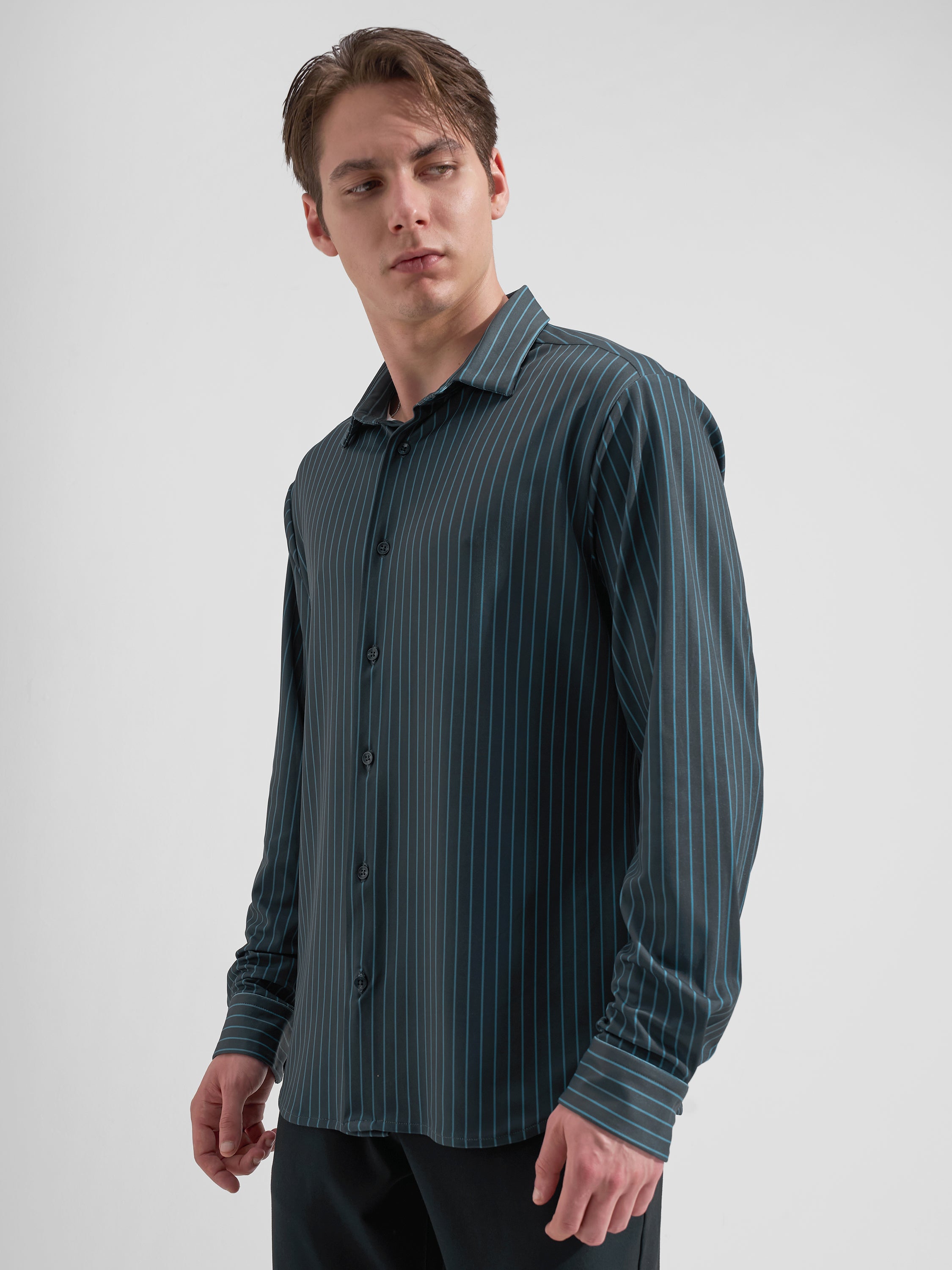 Highlander Men Navy Blue Striped Slim Fit Casual Shirt