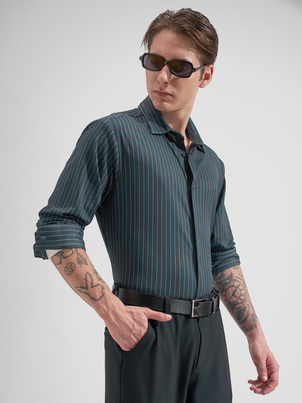 Highlander Men Navy Blue Striped Slim Fit Casual Shirt