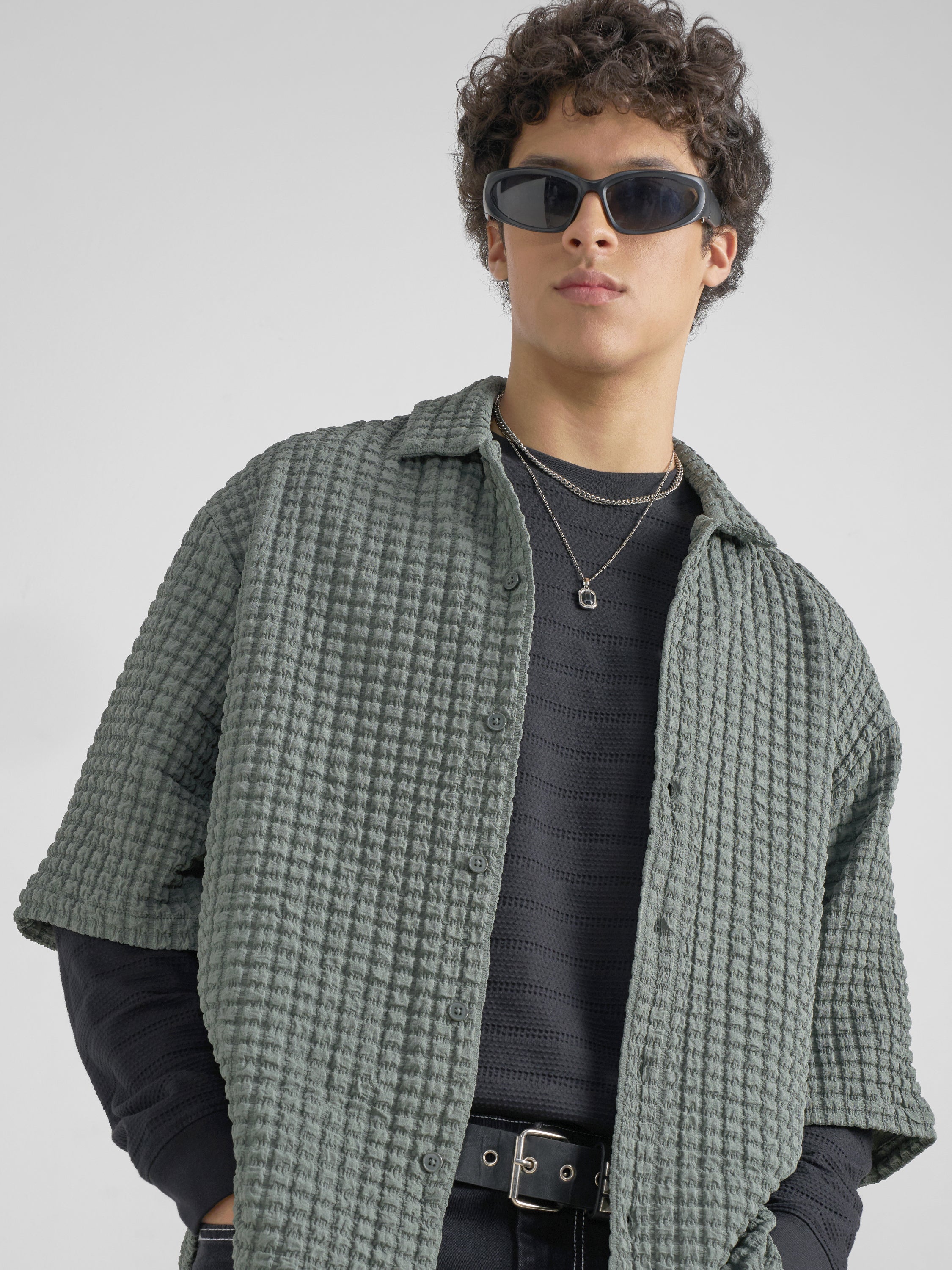Highlander Men Green Self Design Boxy Fit Casual Shirt - Green - Image 1