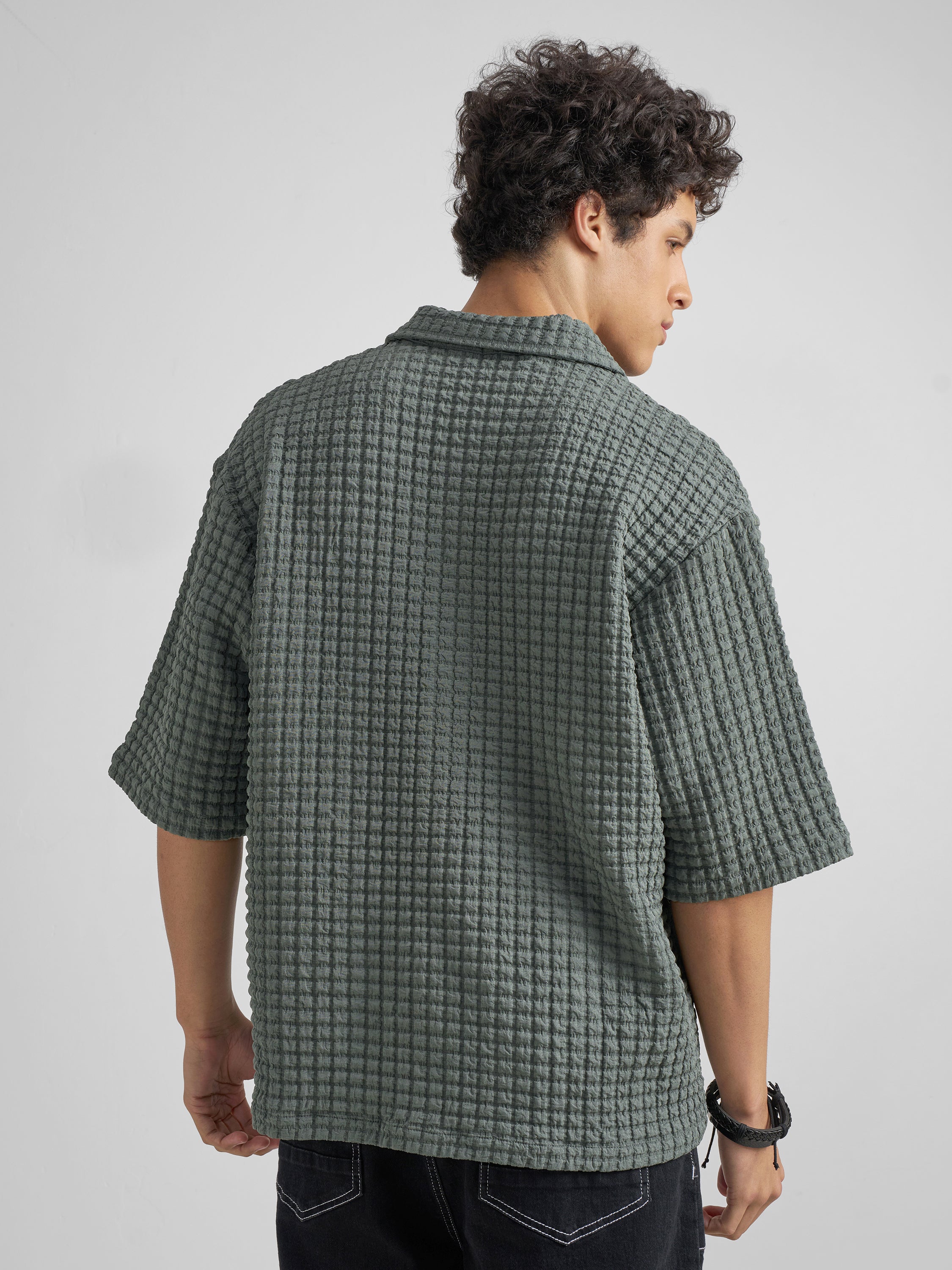 Highlander Men Green Self Design Boxy Fit Casual Shirt - Green - Image 3