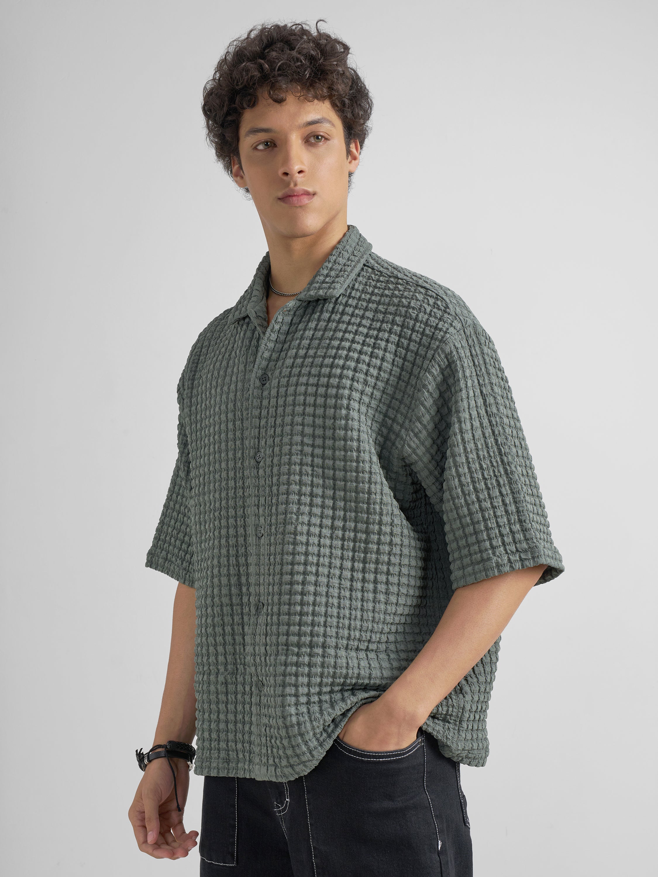 Highlander Men Green Self Design Boxy Fit Casual Shirt - Green - Image 4