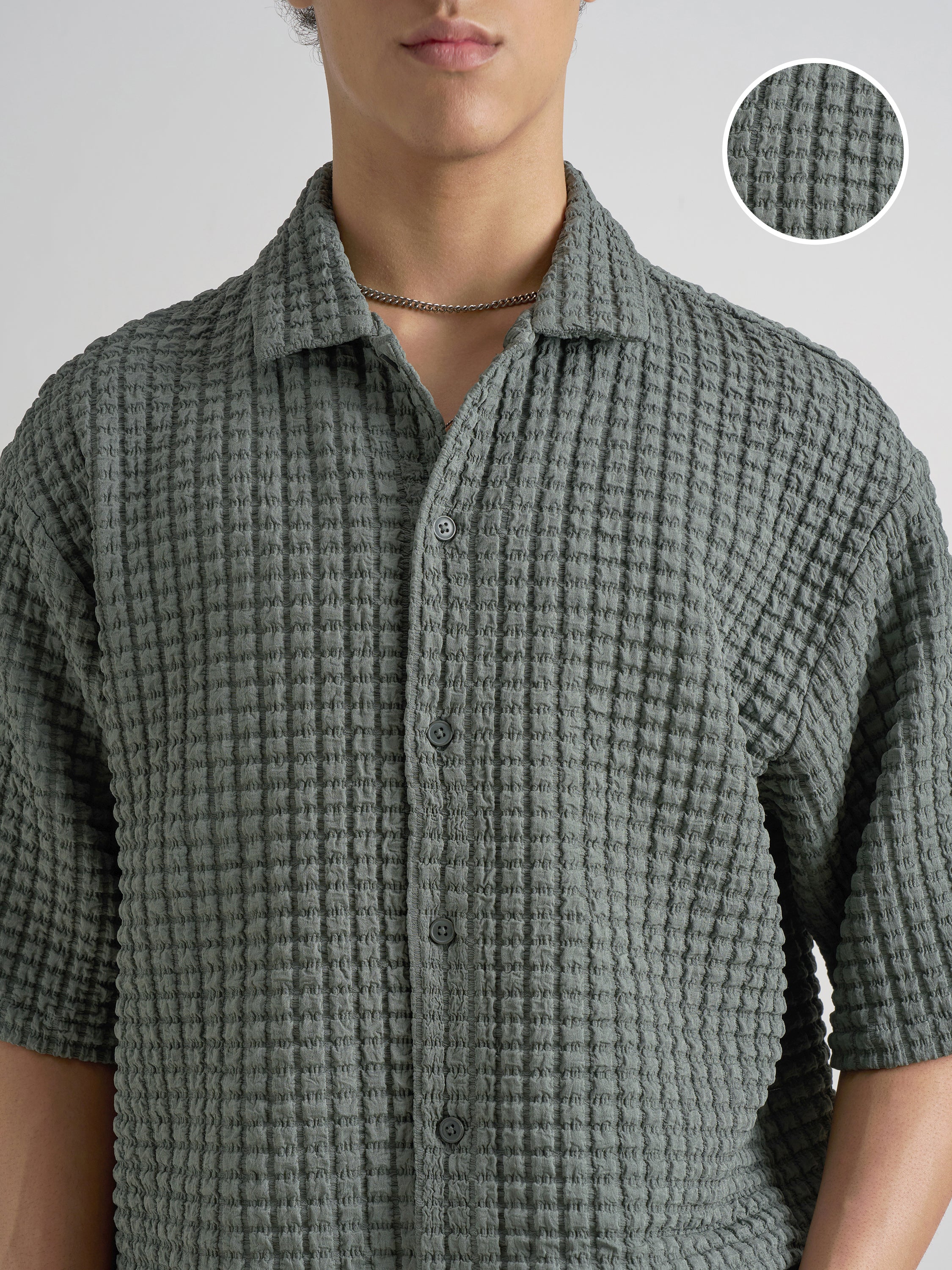 Highlander Men Green Self Design Boxy Fit Casual Shirt - Green - Image 5