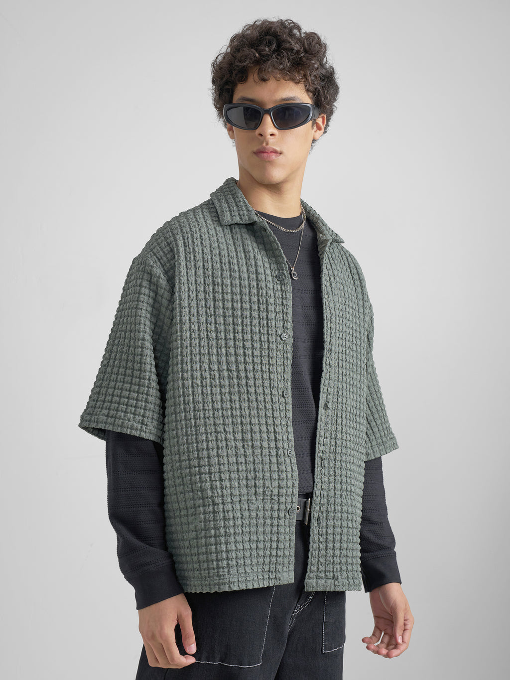 Highlander Men Green Self Design Boxy Fit Casual Shirt - Green - Image 6