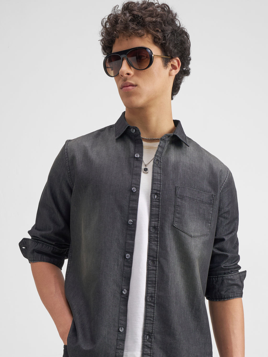 Highlander Men Charcoal Solid Slim Fit Casual Shirt - Charcoal - Image 1