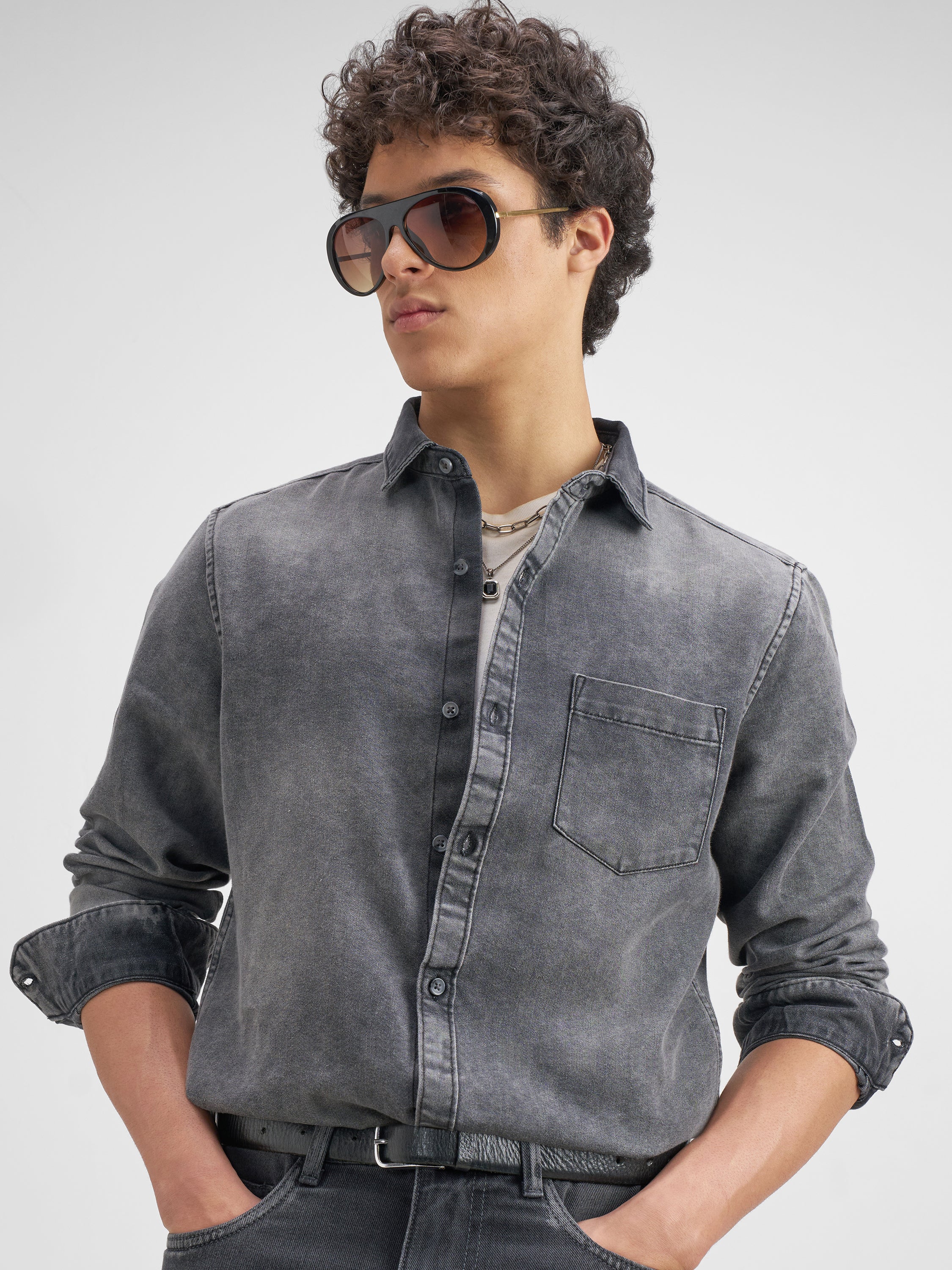 Highlander Men Grey Solid Slim Fit Casual Shirt - Grey - Image 1