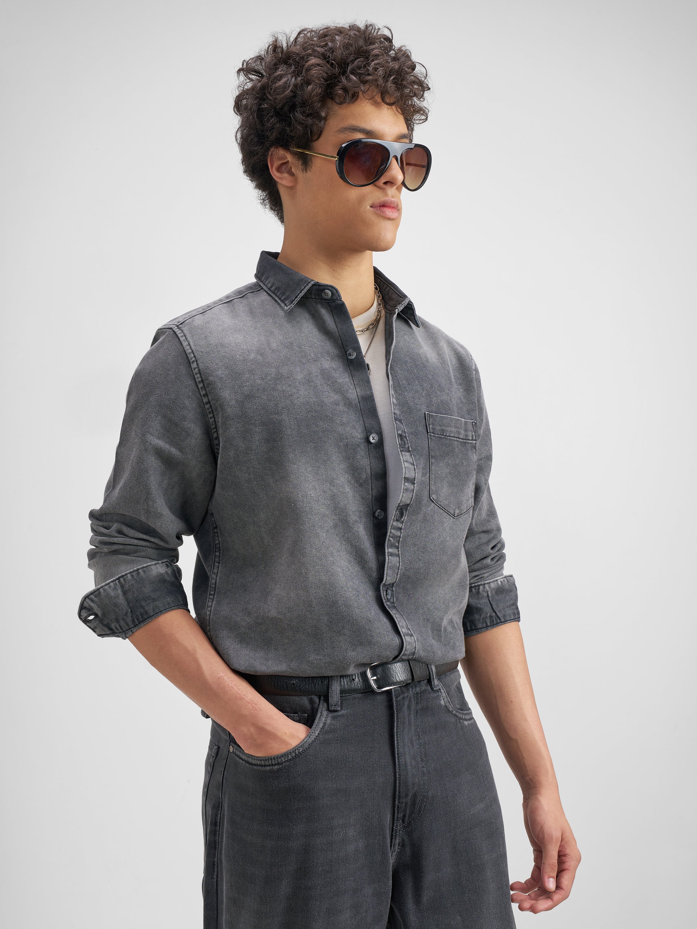 Highlander Men Grey Solid Slim Fit Casual Shirt - Grey - Image 6