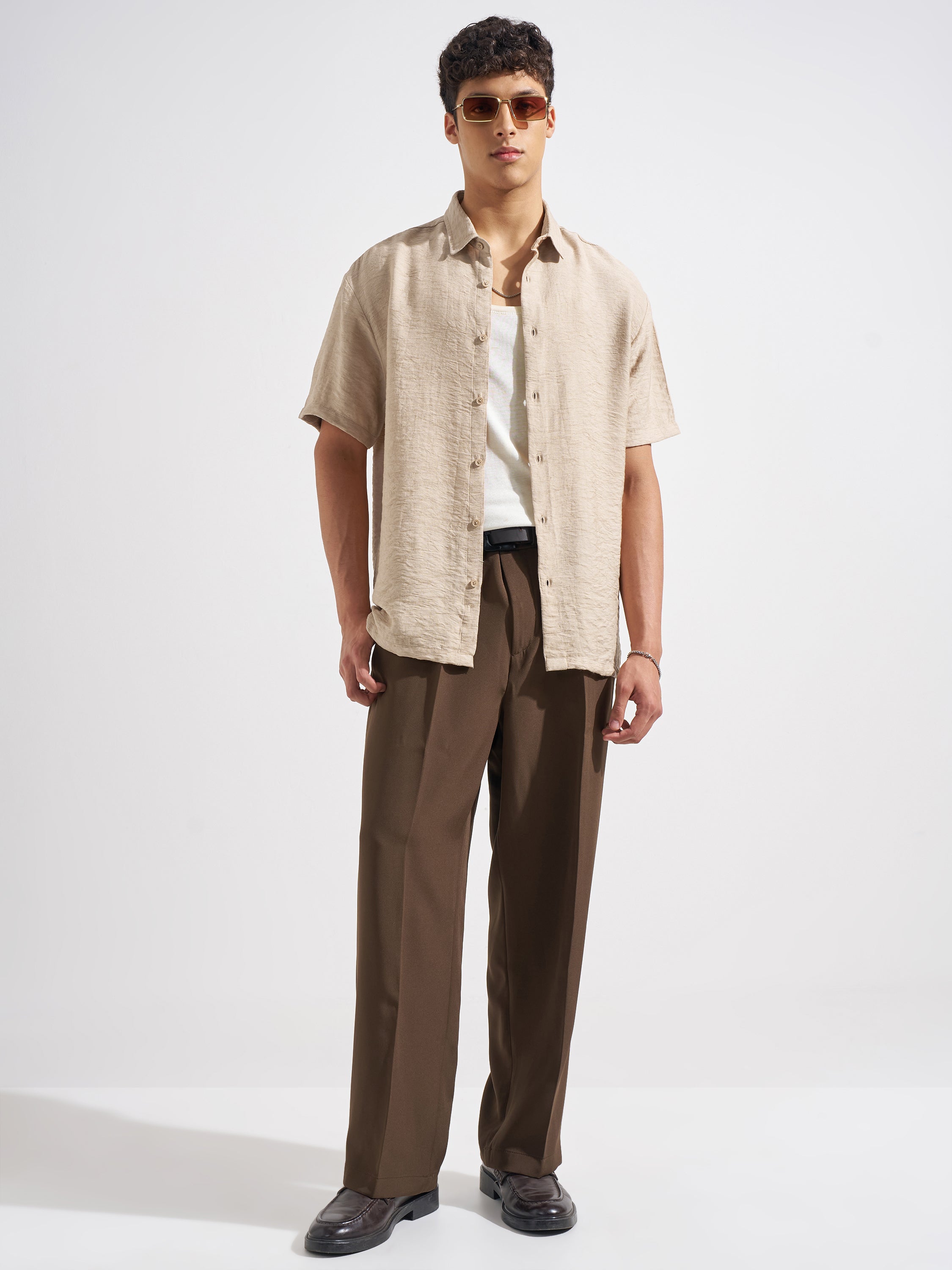Highlander Men Beige Self Design Relaxed Fit Casual Shirt