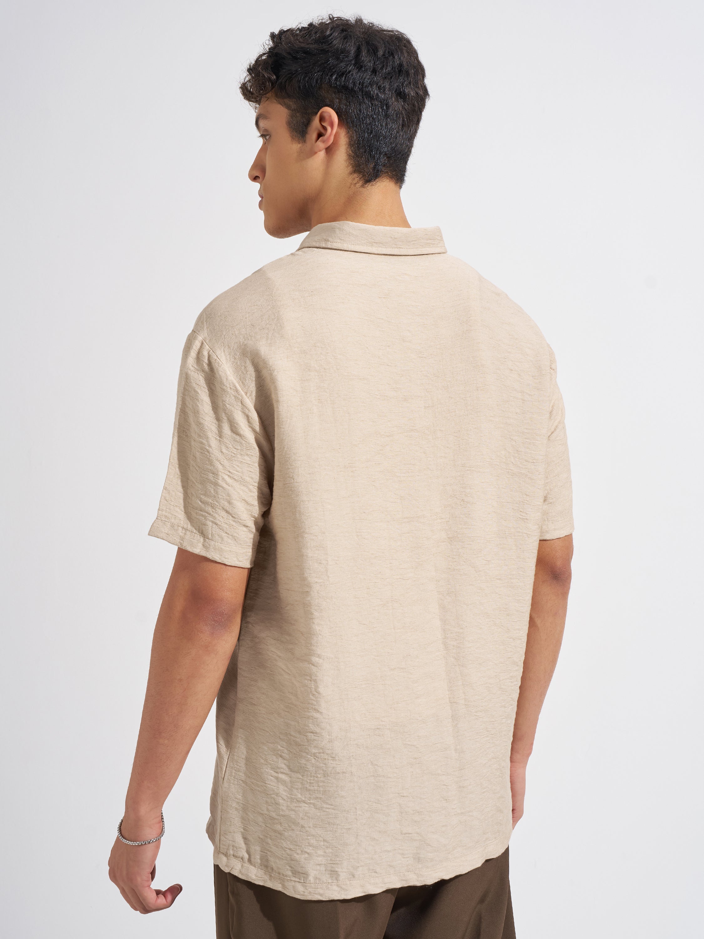 Highlander Men Beige Self Design Relaxed Fit Casual Shirt