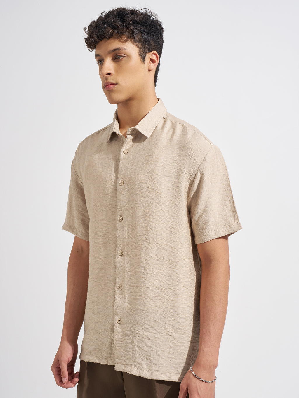 Highlander Men Beige Self Design Relaxed Fit Casual Shirt