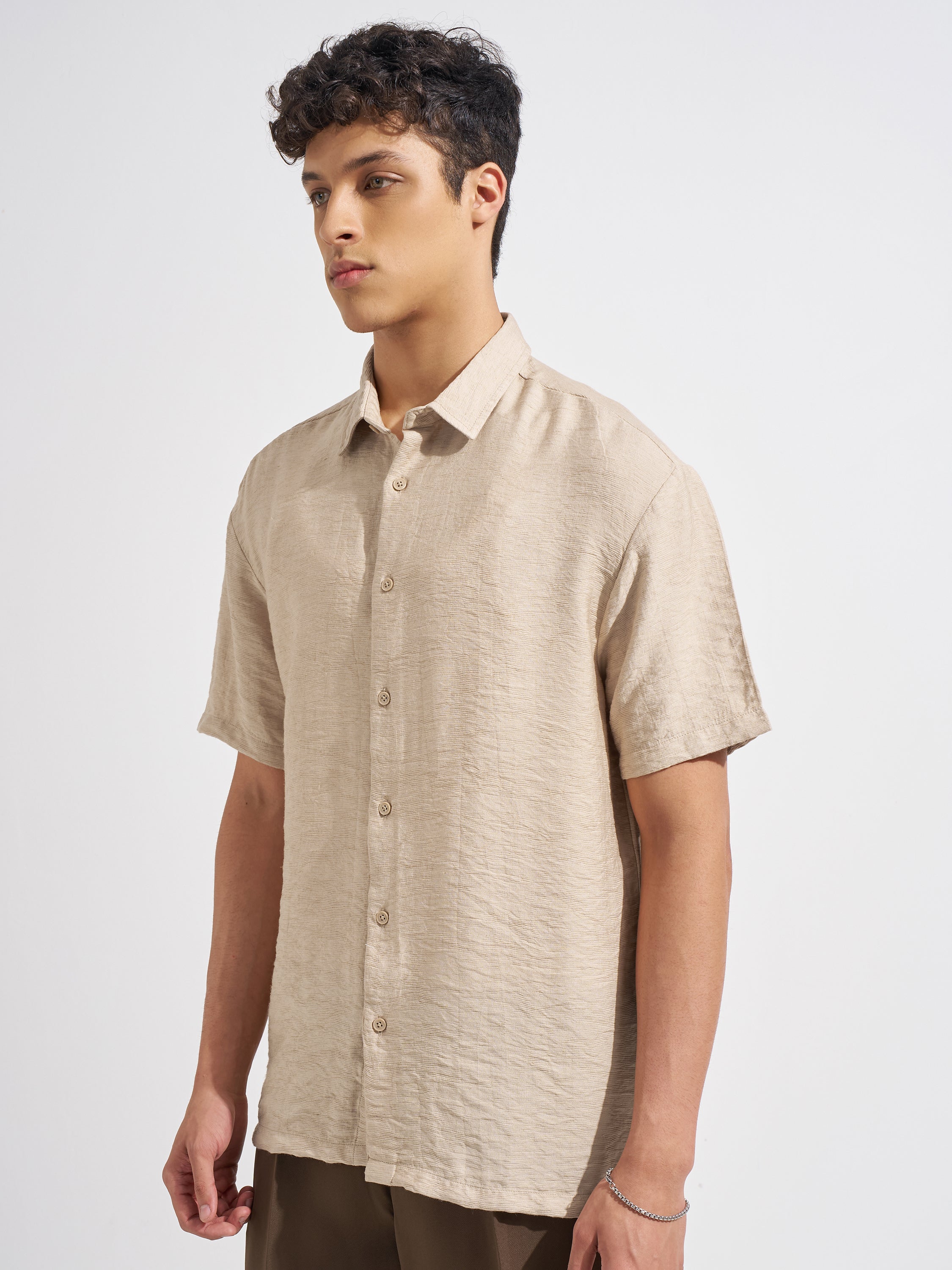 Highlander Men Beige Self Design Relaxed Fit Casual Shirt
