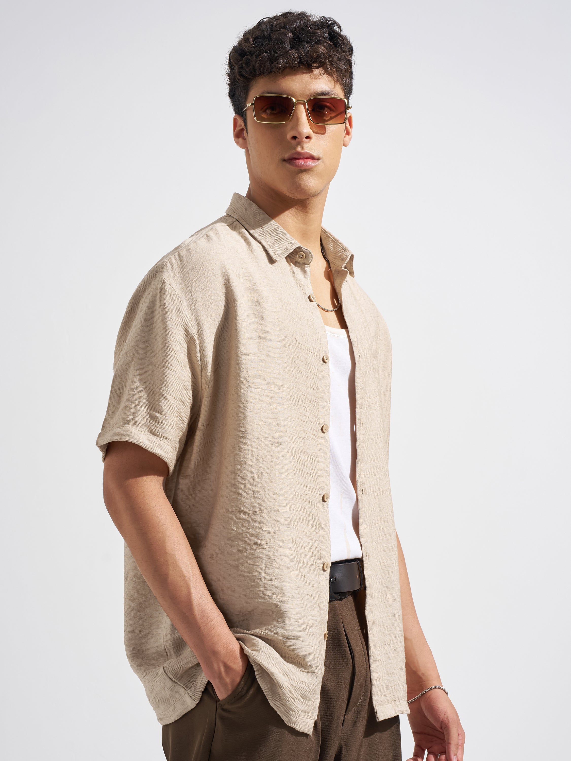 Highlander Men Beige Self Design Relaxed Fit Casual Shirt