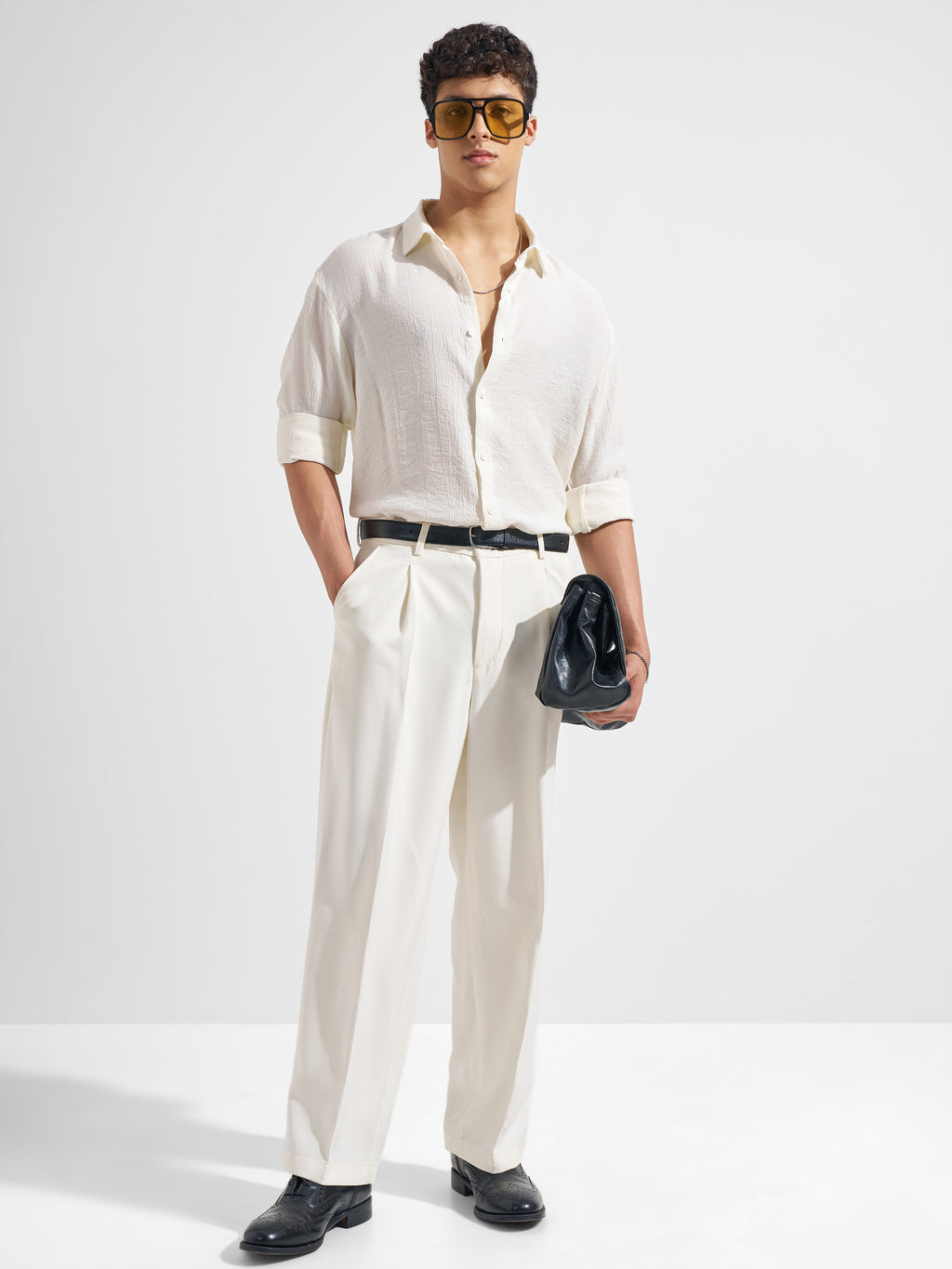 Highlander Men Off White Self Design Relaxed Fit Casual Shirt