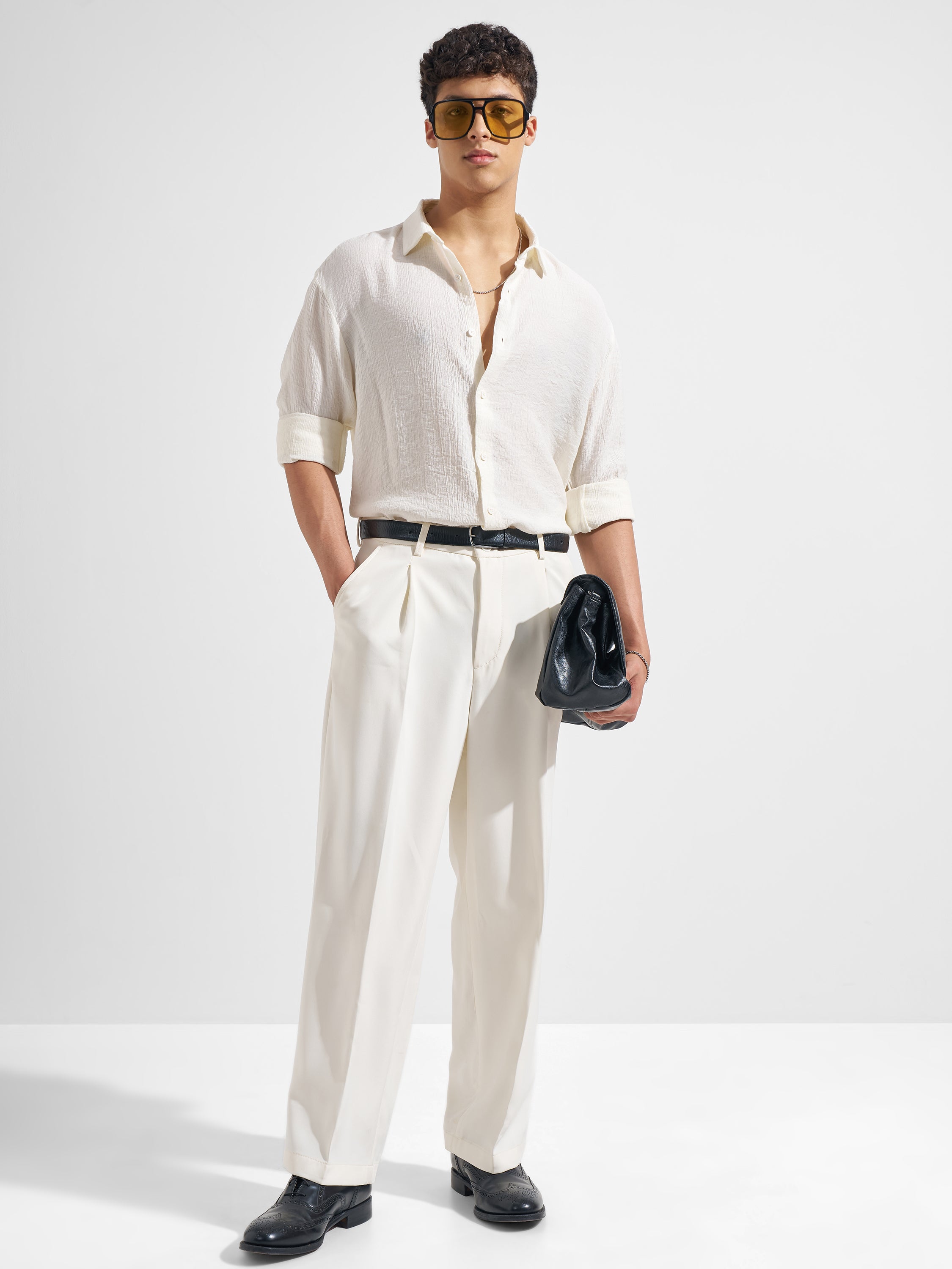 Highlander Men Off White Self Design Relaxed Fit Casual Shirt