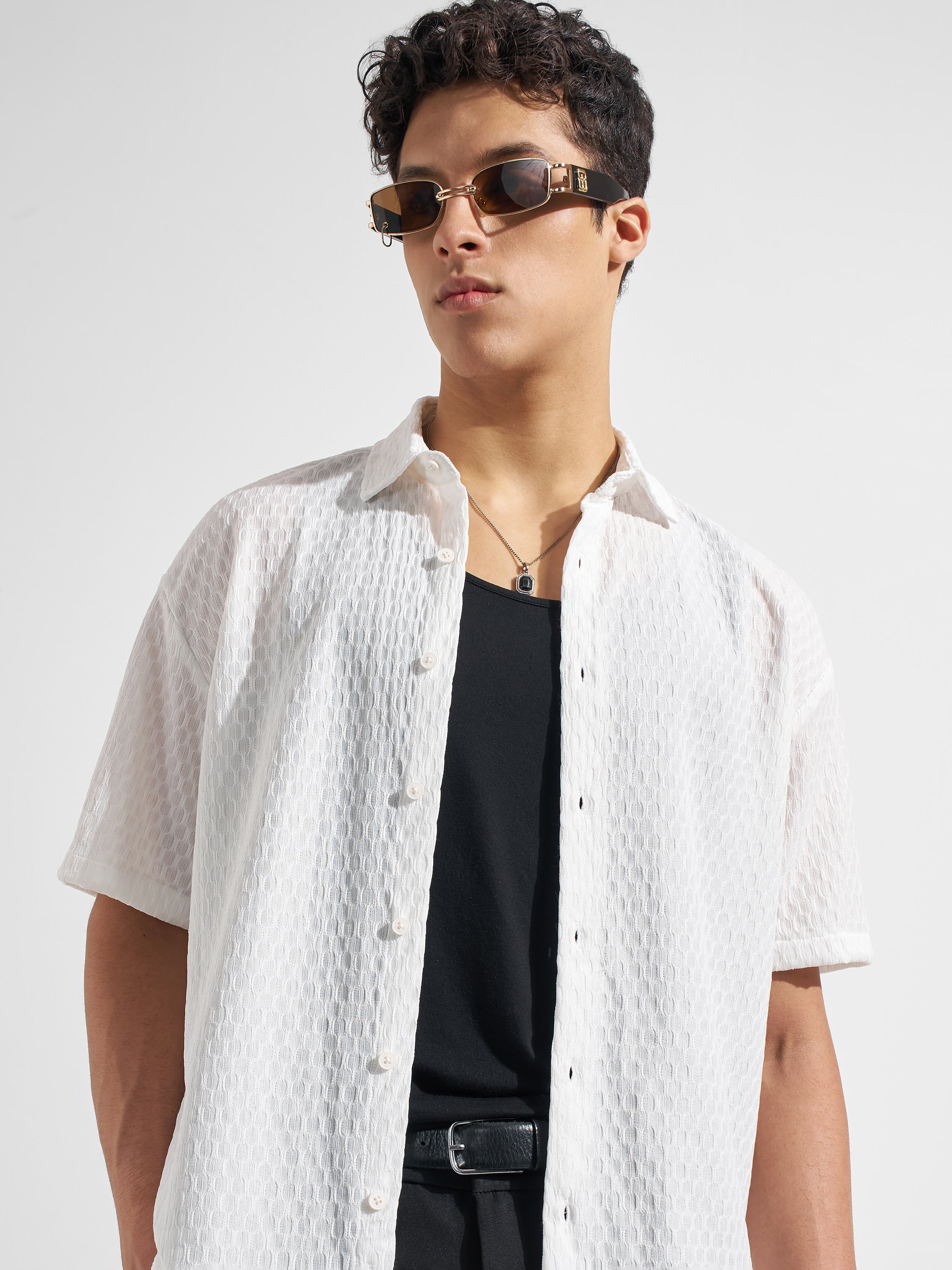 Highlander Men White Self Design Relaxed Fit Casual Shirt