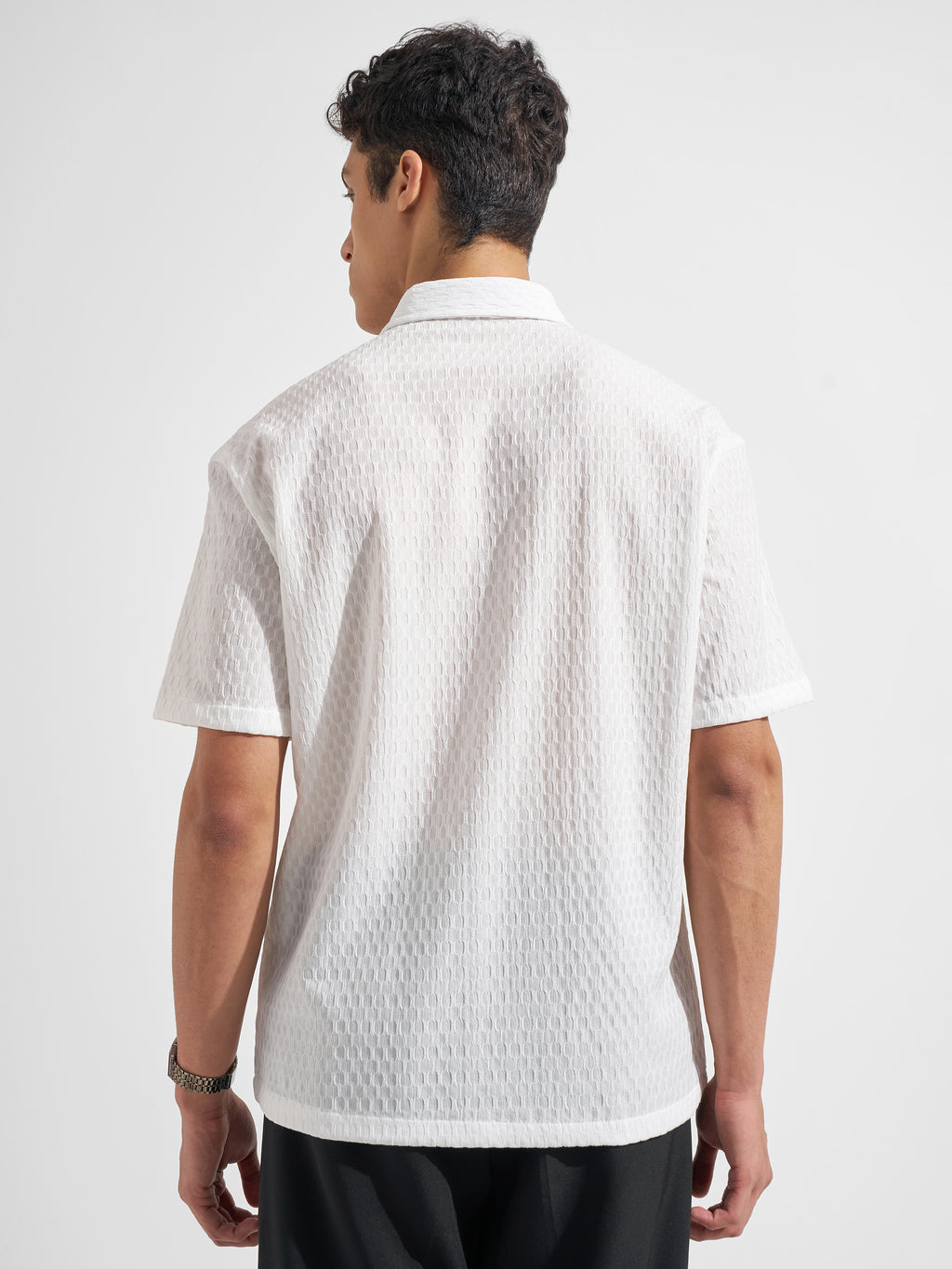 Highlander Men White Self Design Relaxed Fit Casual Shirt
