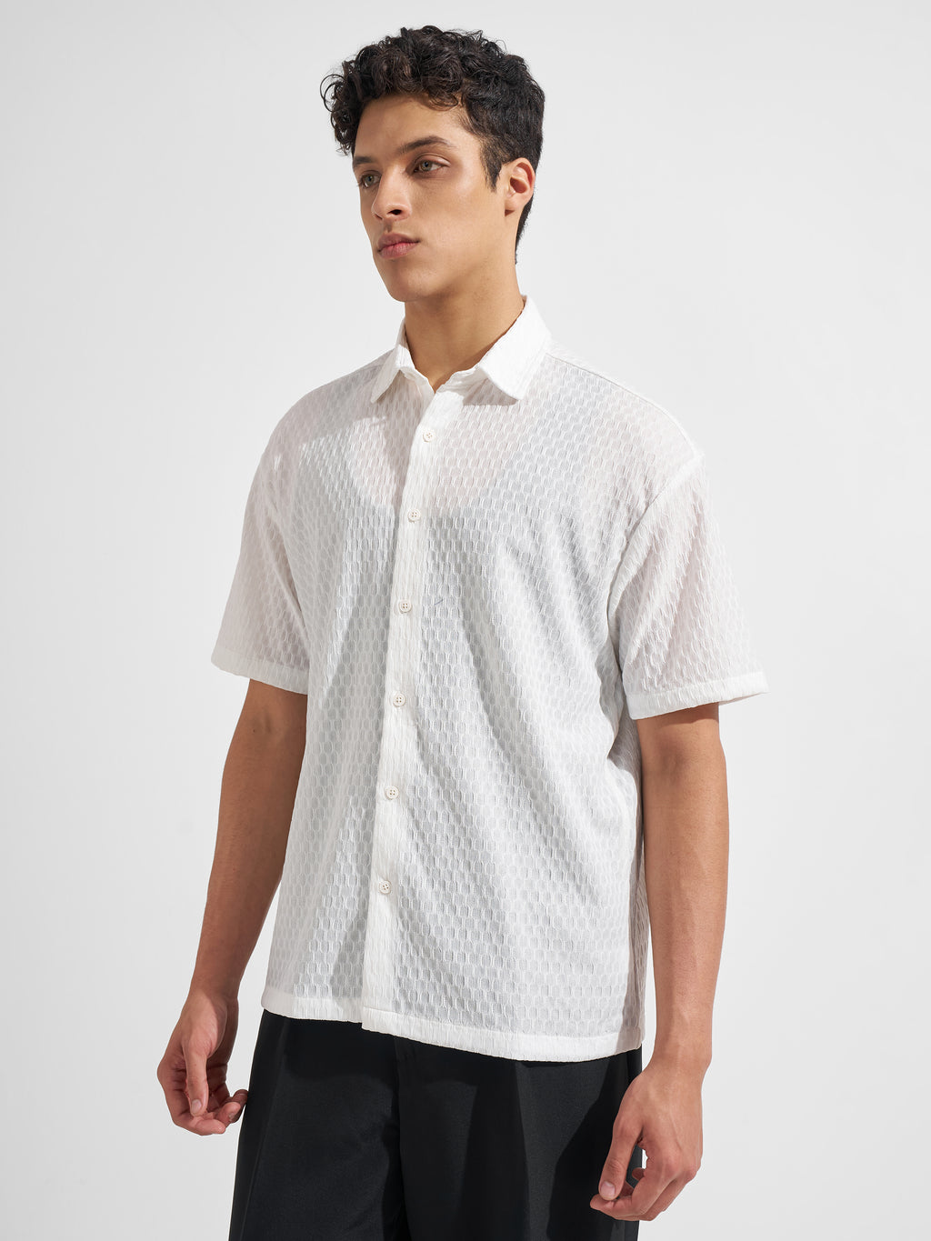 Highlander Men White Self Design Relaxed Fit Casual Shirt