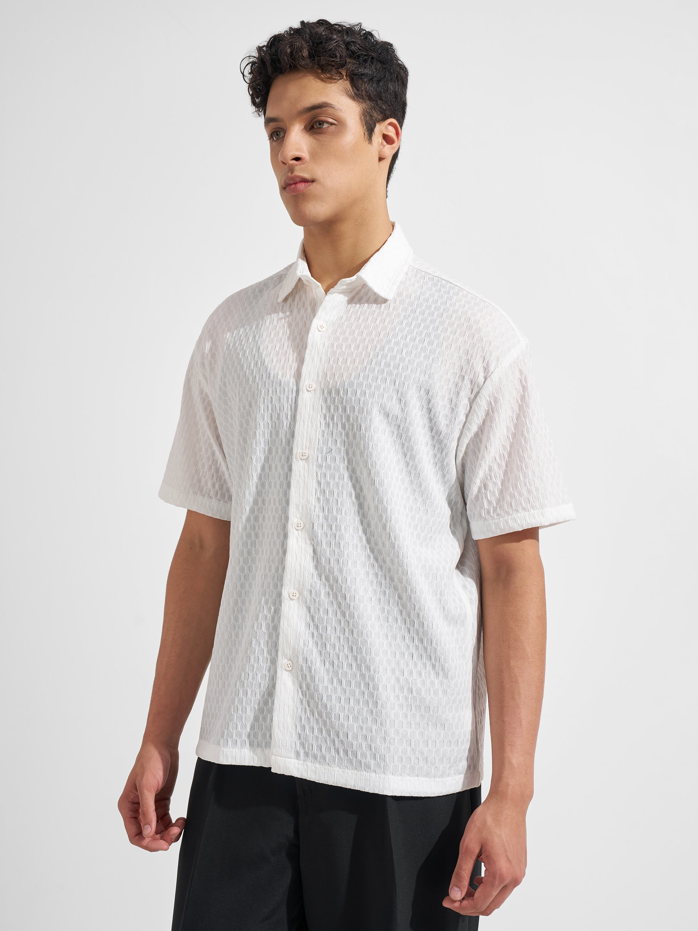 Highlander Men White Self Design Relaxed Fit Casual Shirt
