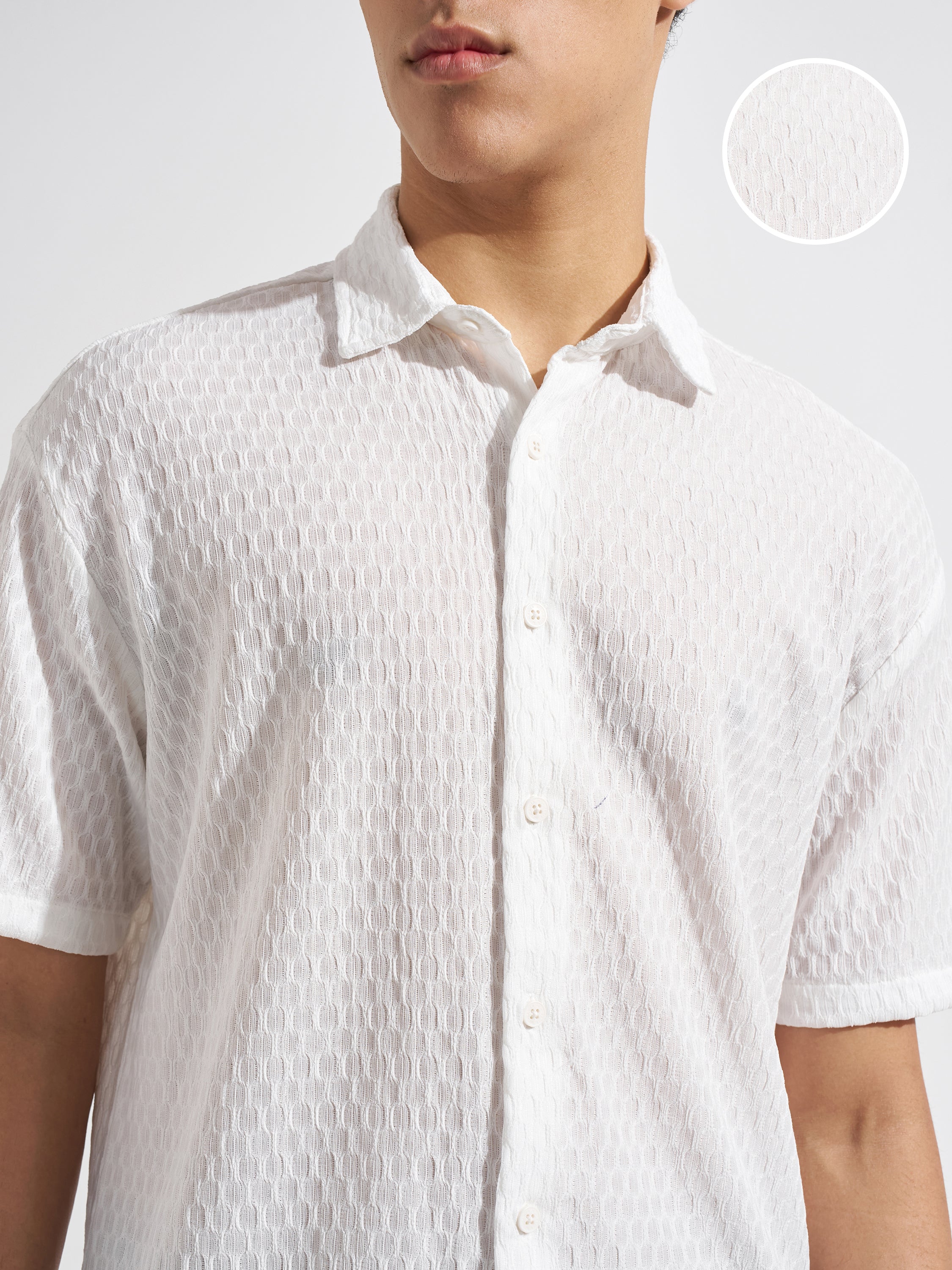 Highlander Men White Self Design Relaxed Fit Casual Shirt