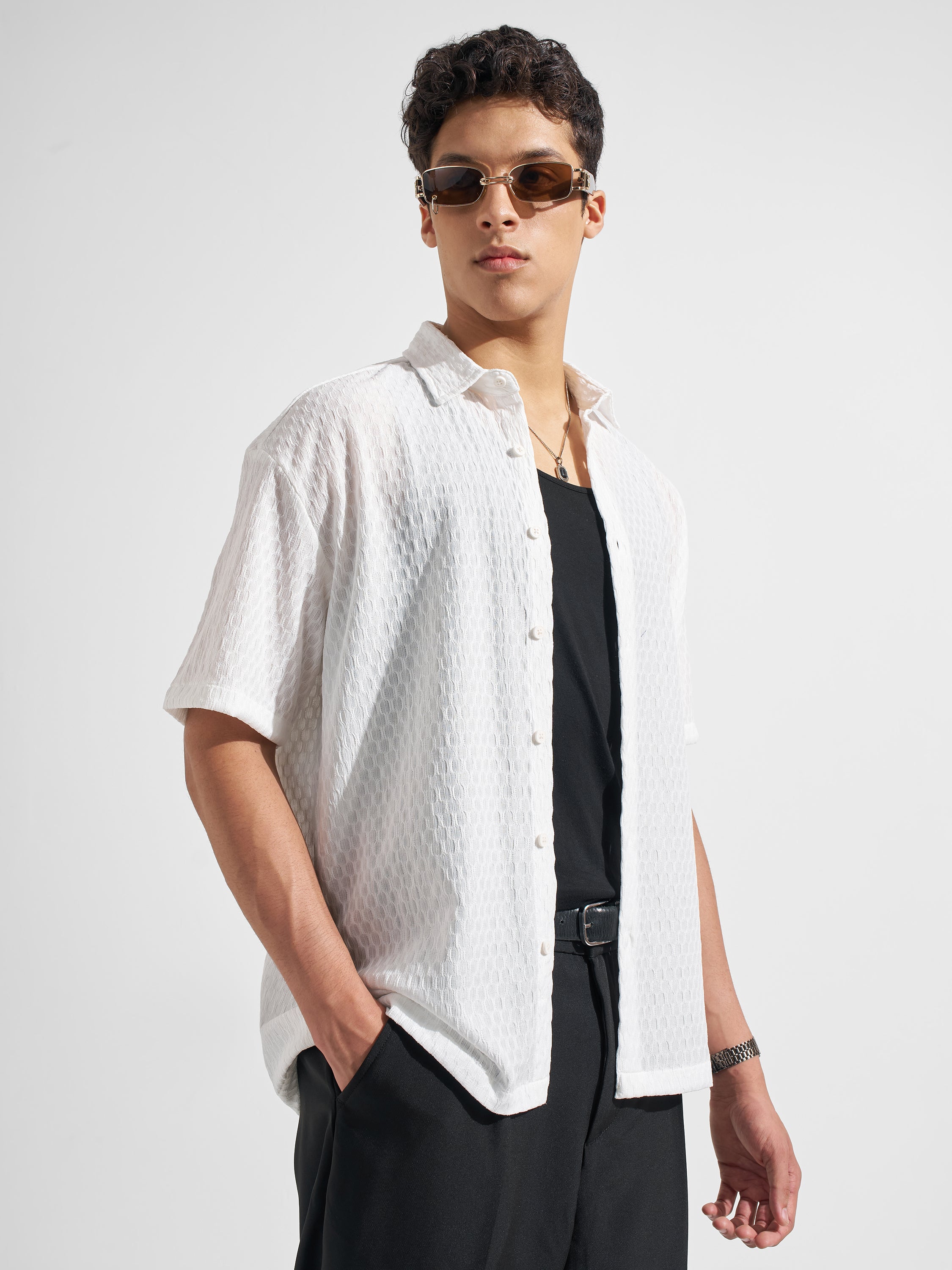 Highlander Men White Self Design Relaxed Fit Casual Shirt