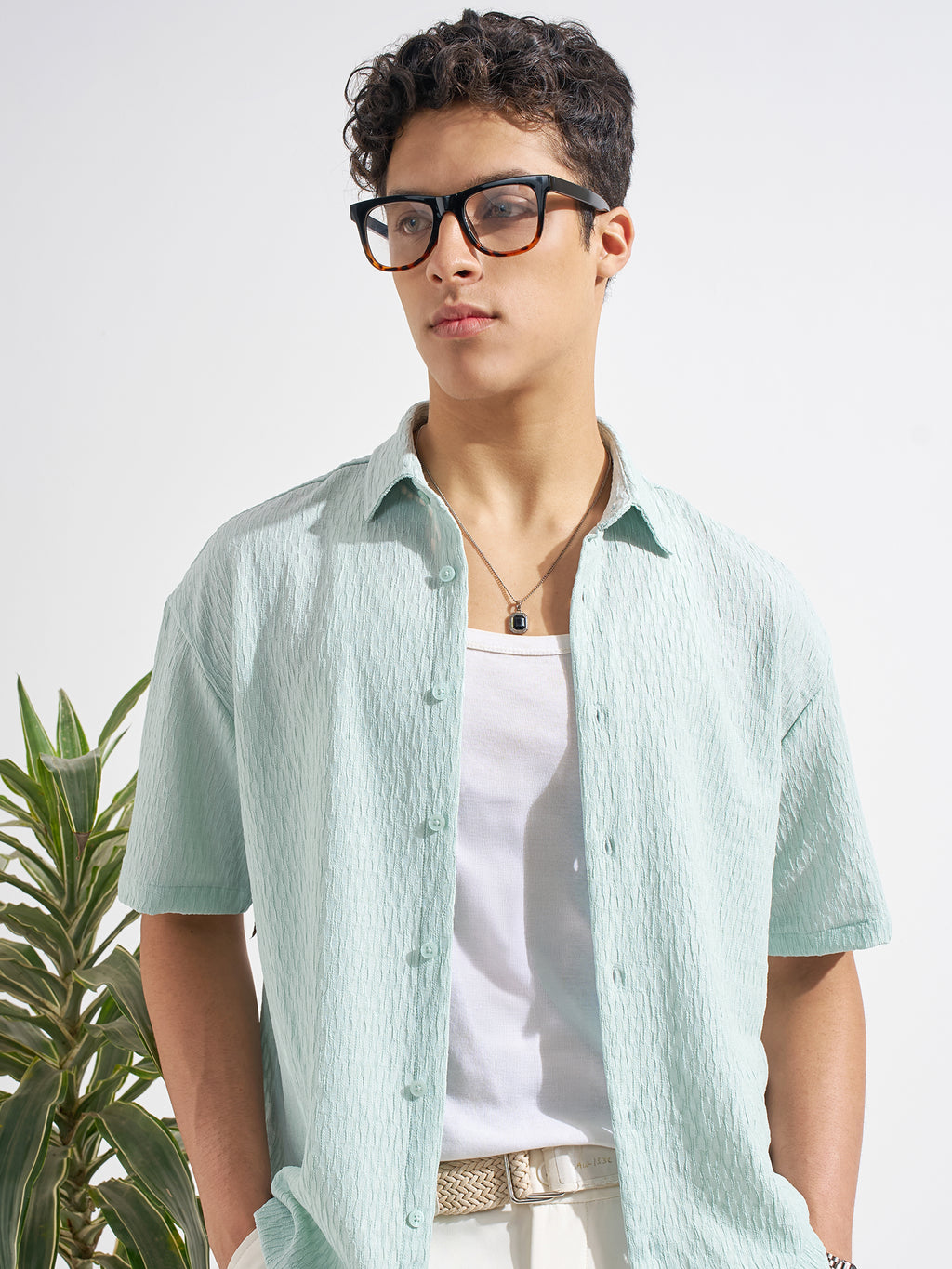 Highlander Men Green Self Design Relaxed Fit Casual Shirt