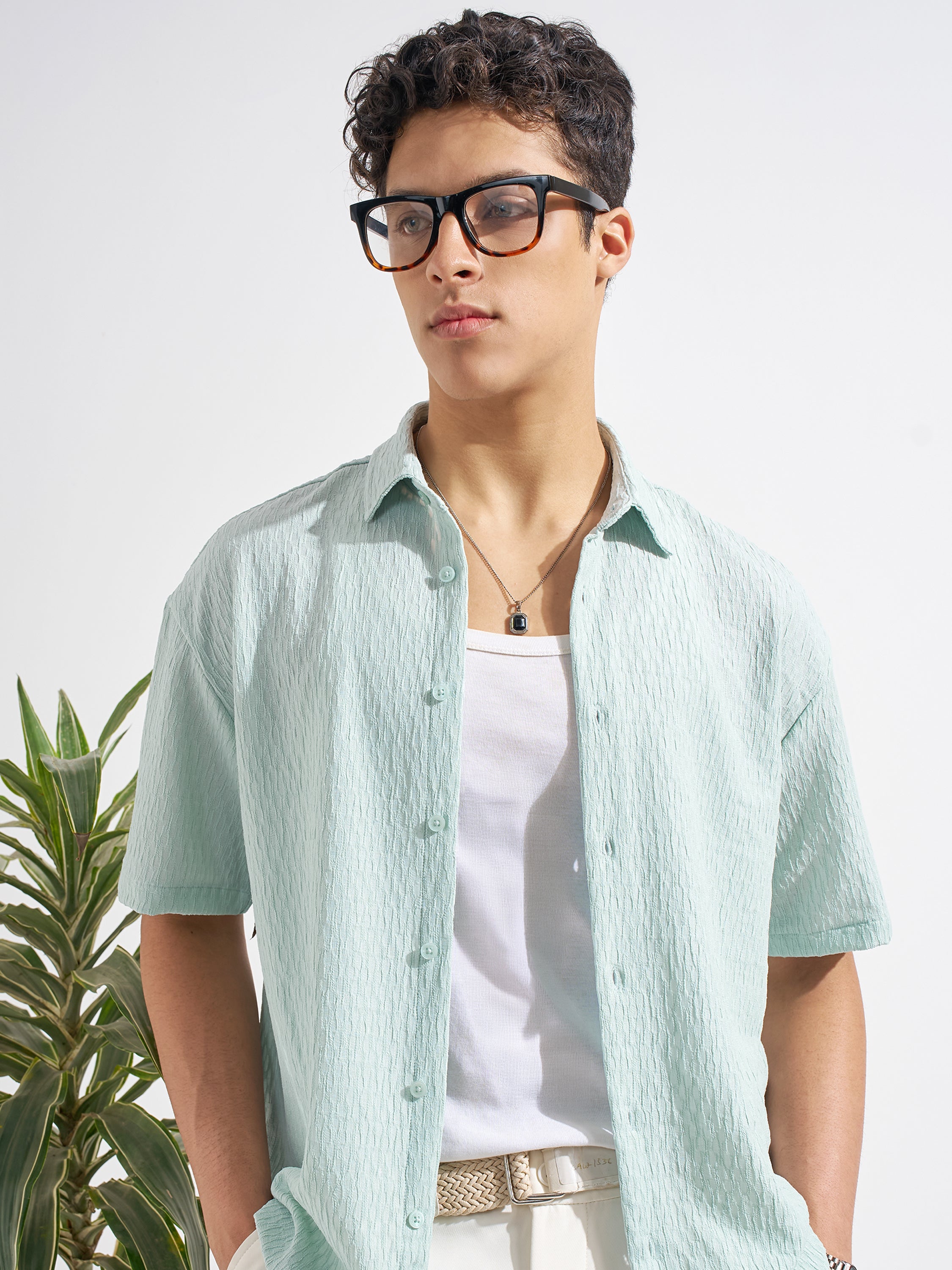 Highlander Men Green Self Design Relaxed Fit Casual Shirt