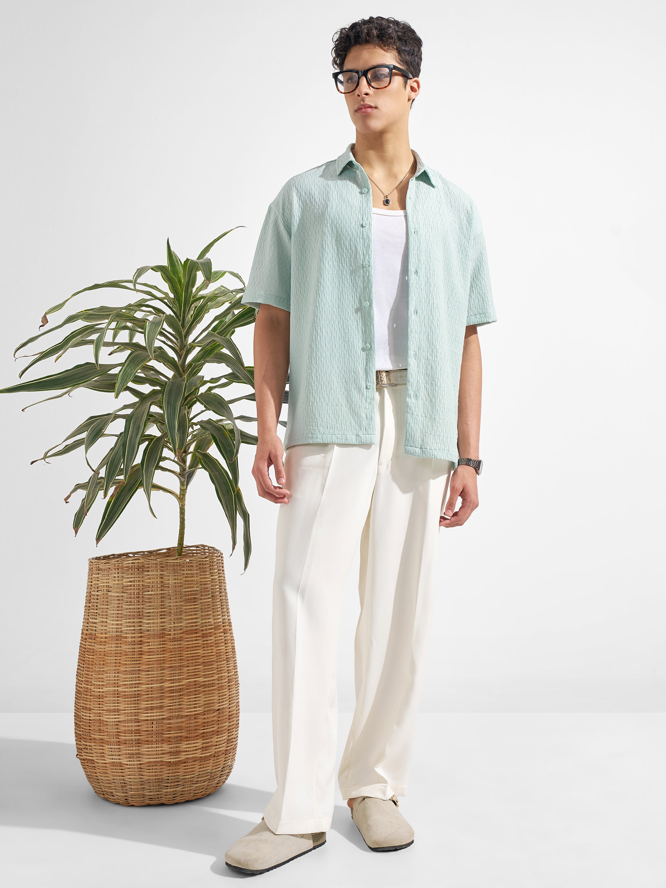 Highlander Men Green Self Design Relaxed Fit Casual Shirt