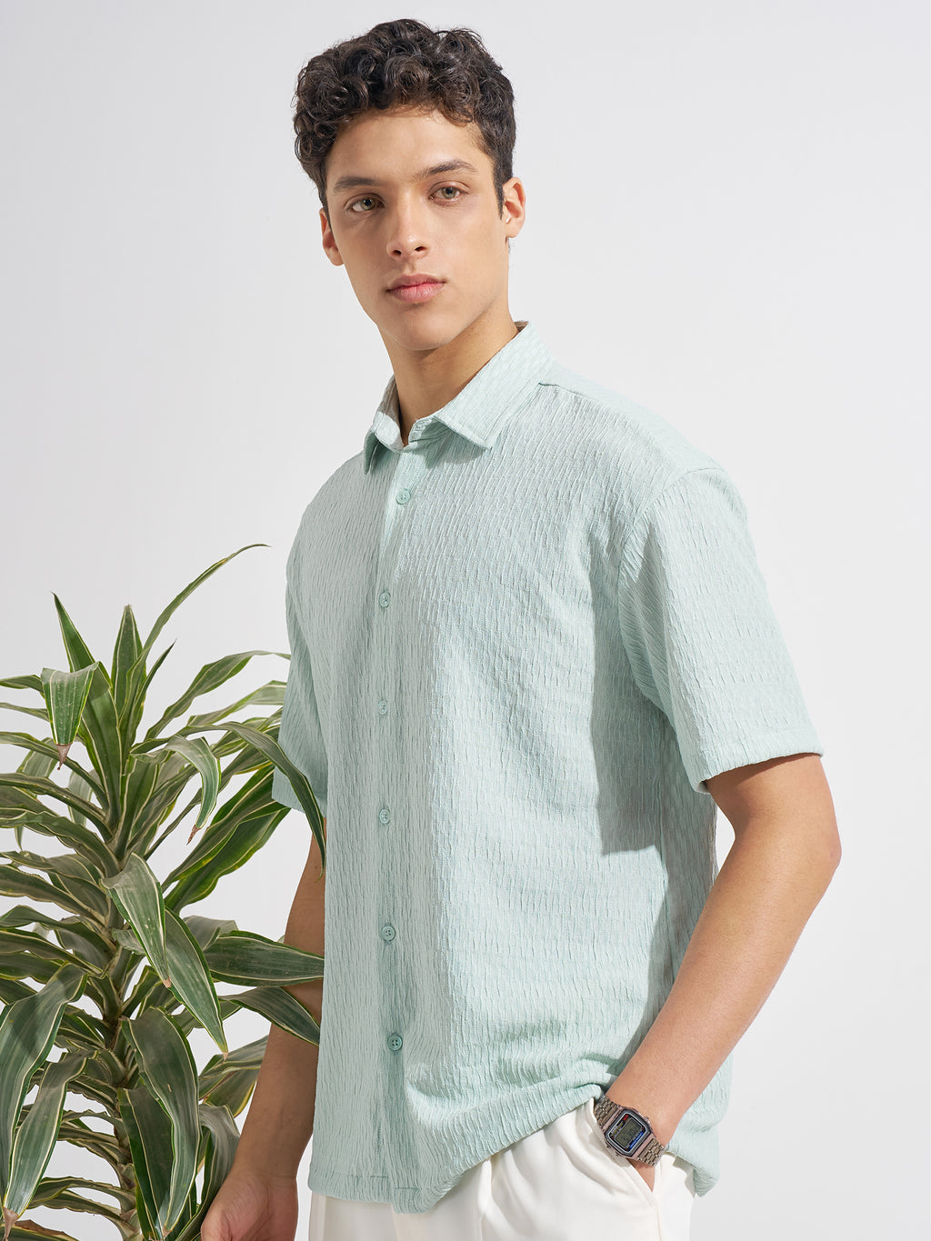 Highlander Men Green Self Design Relaxed Fit Casual Shirt