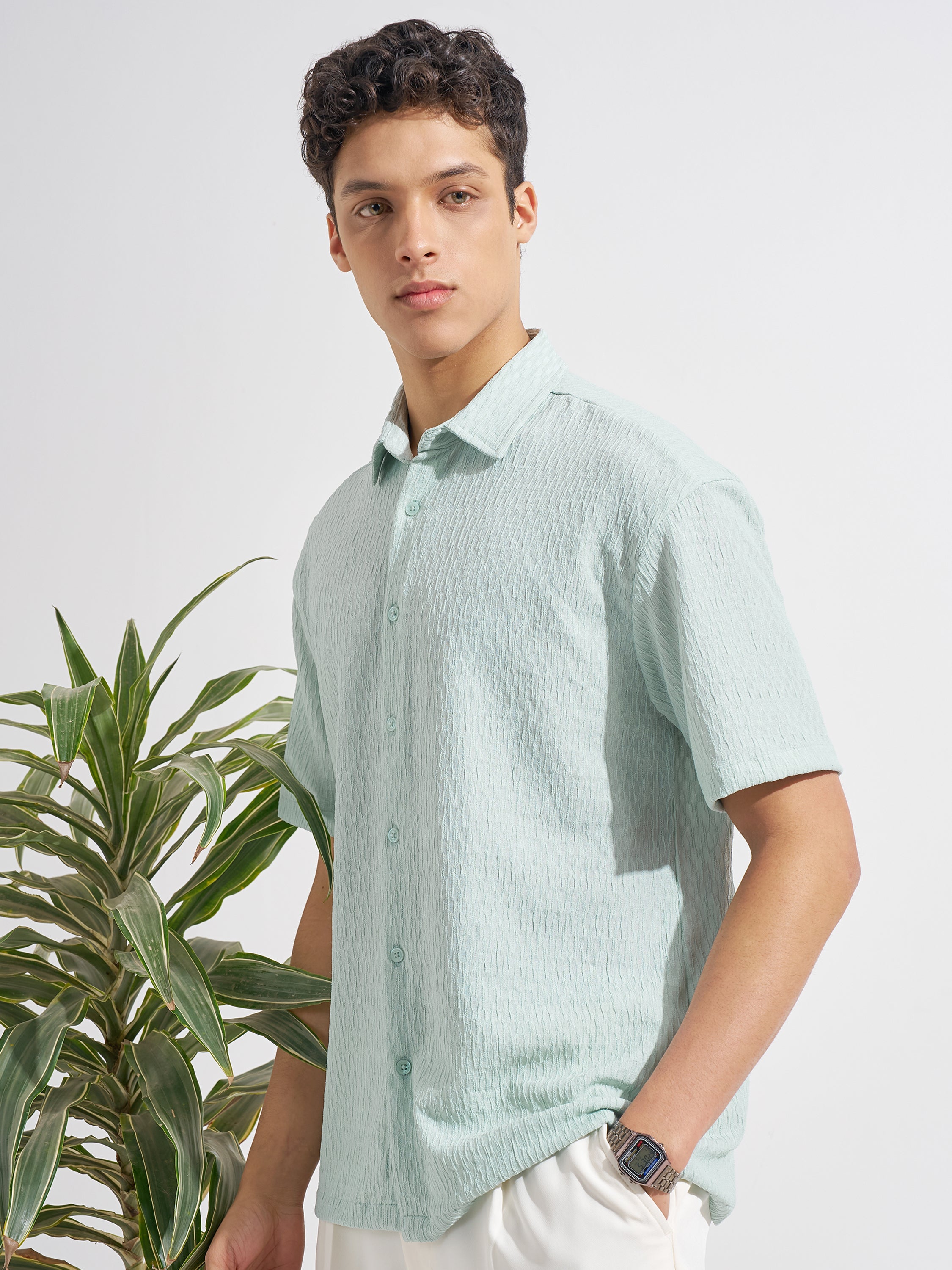 Highlander Men Green Self Design Relaxed Fit Casual Shirt