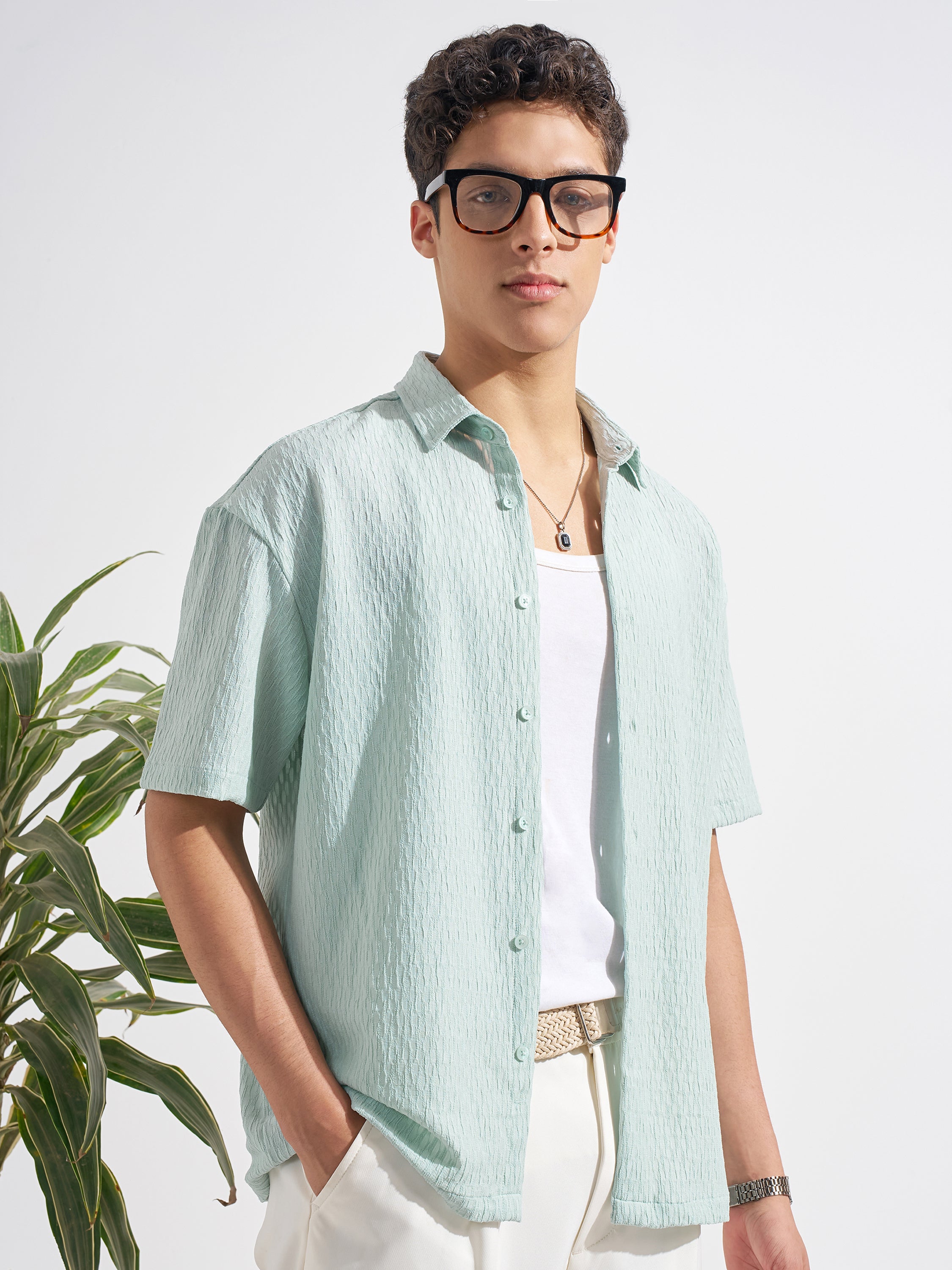 Highlander Men Green Self Design Relaxed Fit Casual Shirt