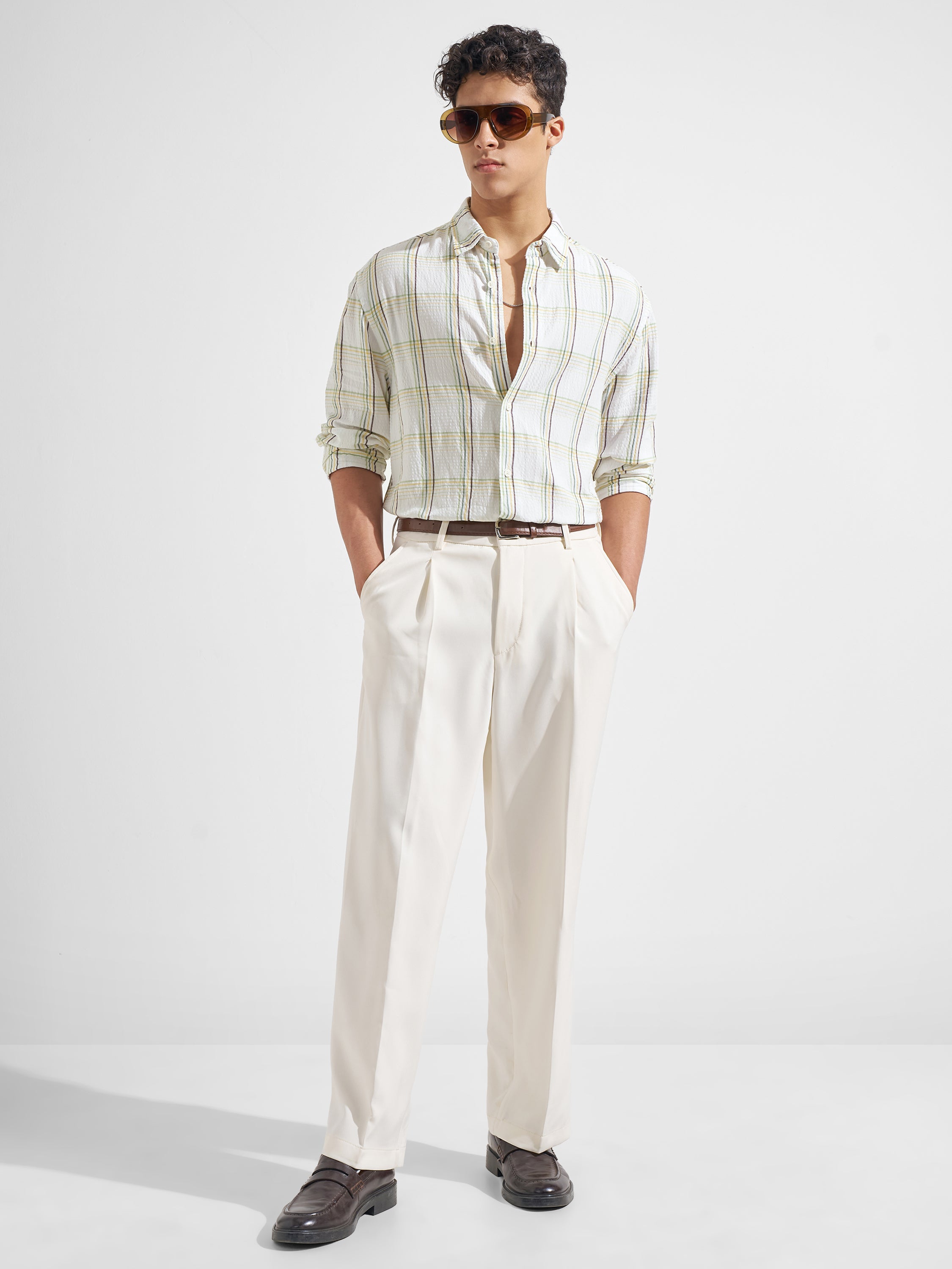Highlander Men White Checked Relaxed Fit Casual Shirt