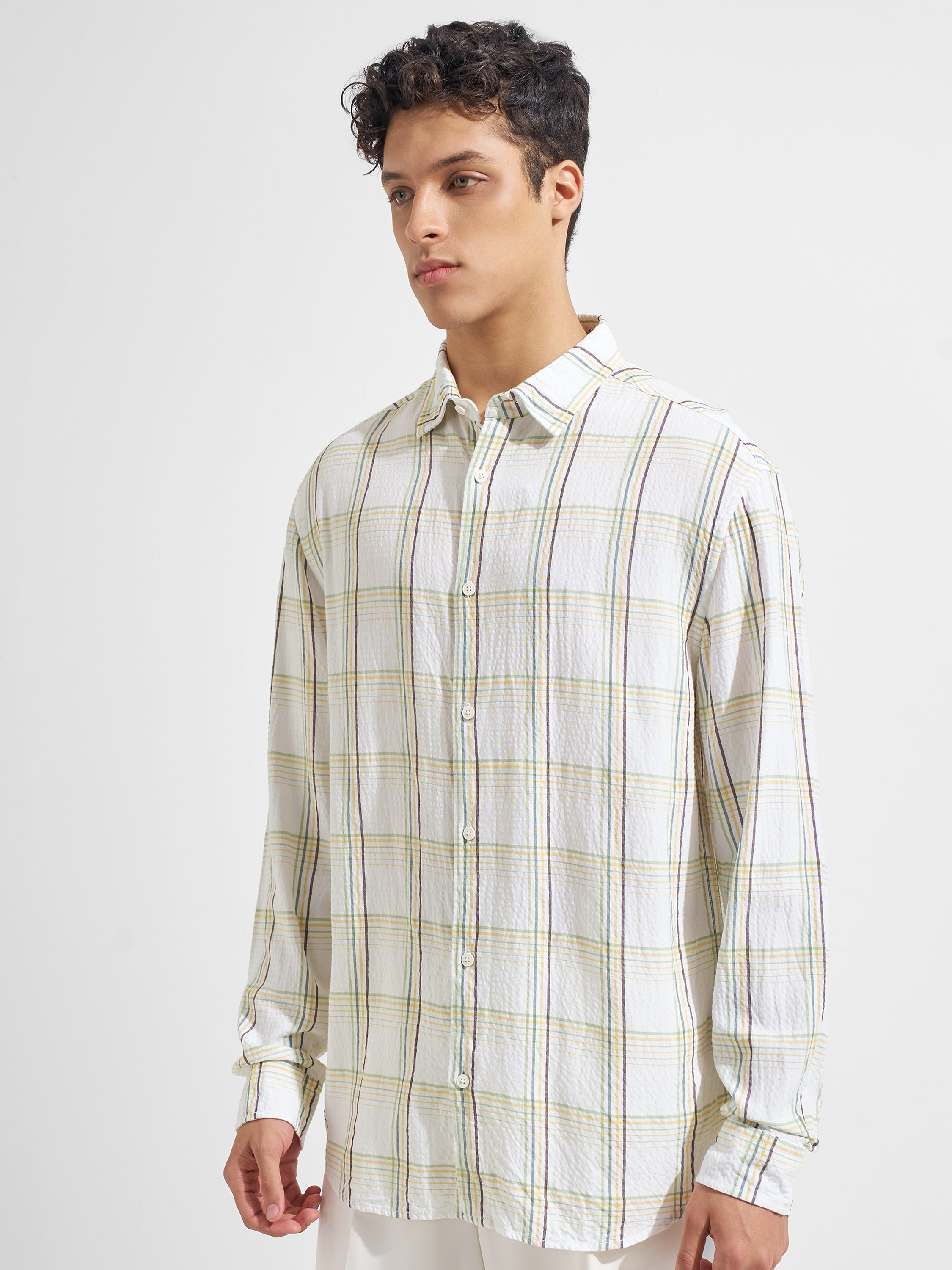 Highlander Men White Checked Relaxed Fit Casual Shirt