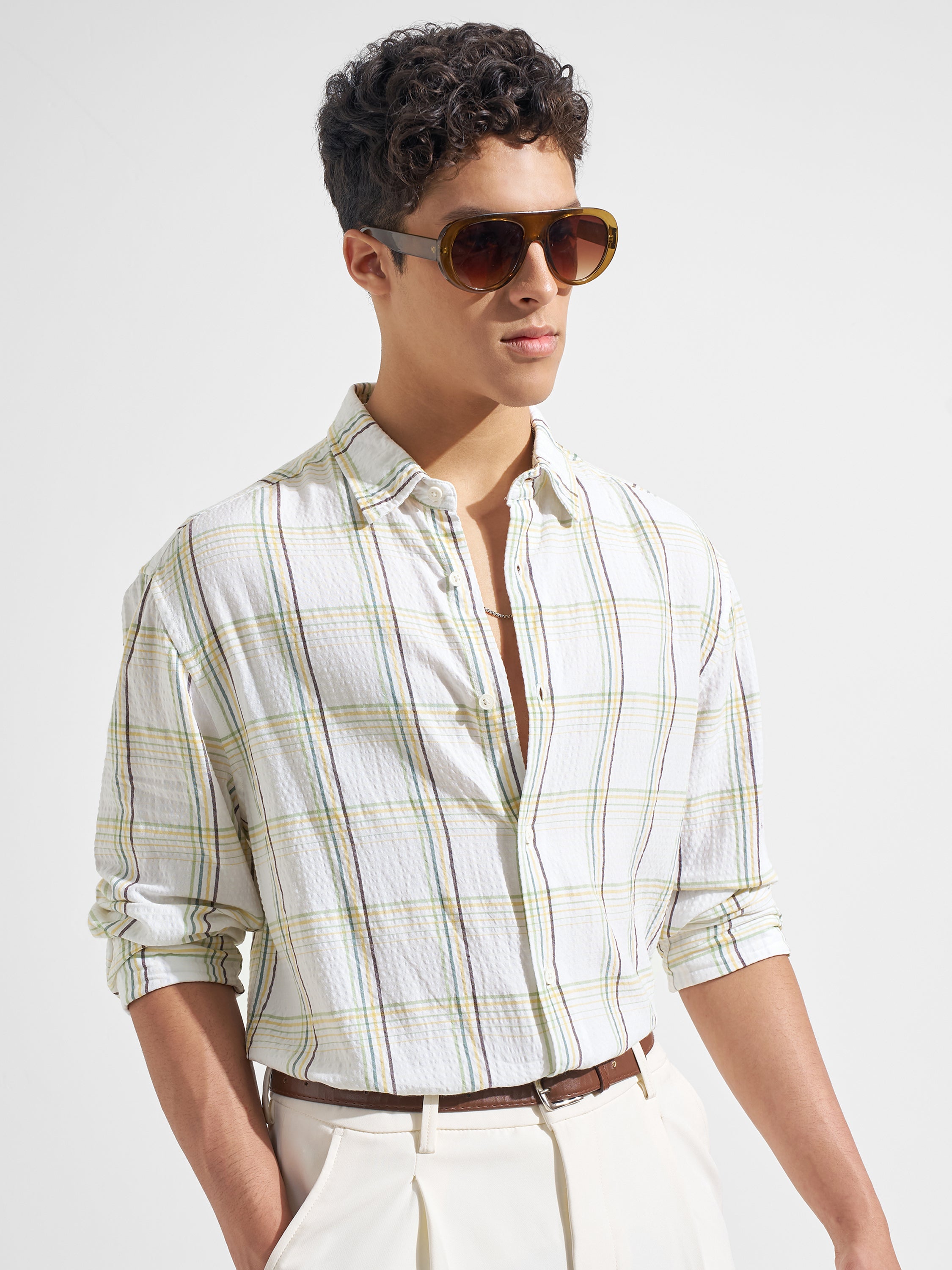 Highlander Men White Checked Relaxed Fit Casual Shirt