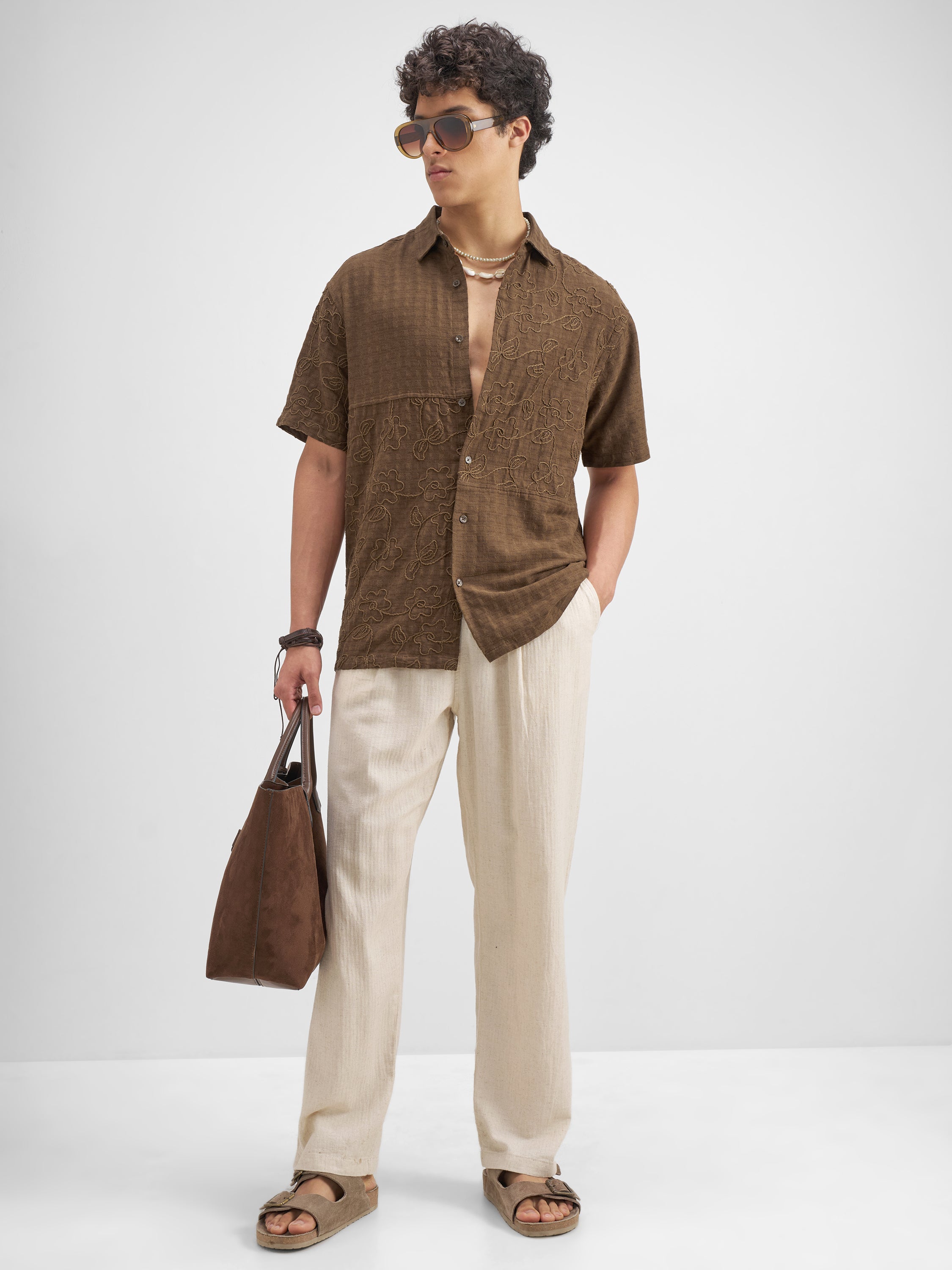 Highlander Men Brown Embroidered Relaxed Fit Casual Shirt - Brown - Image 2