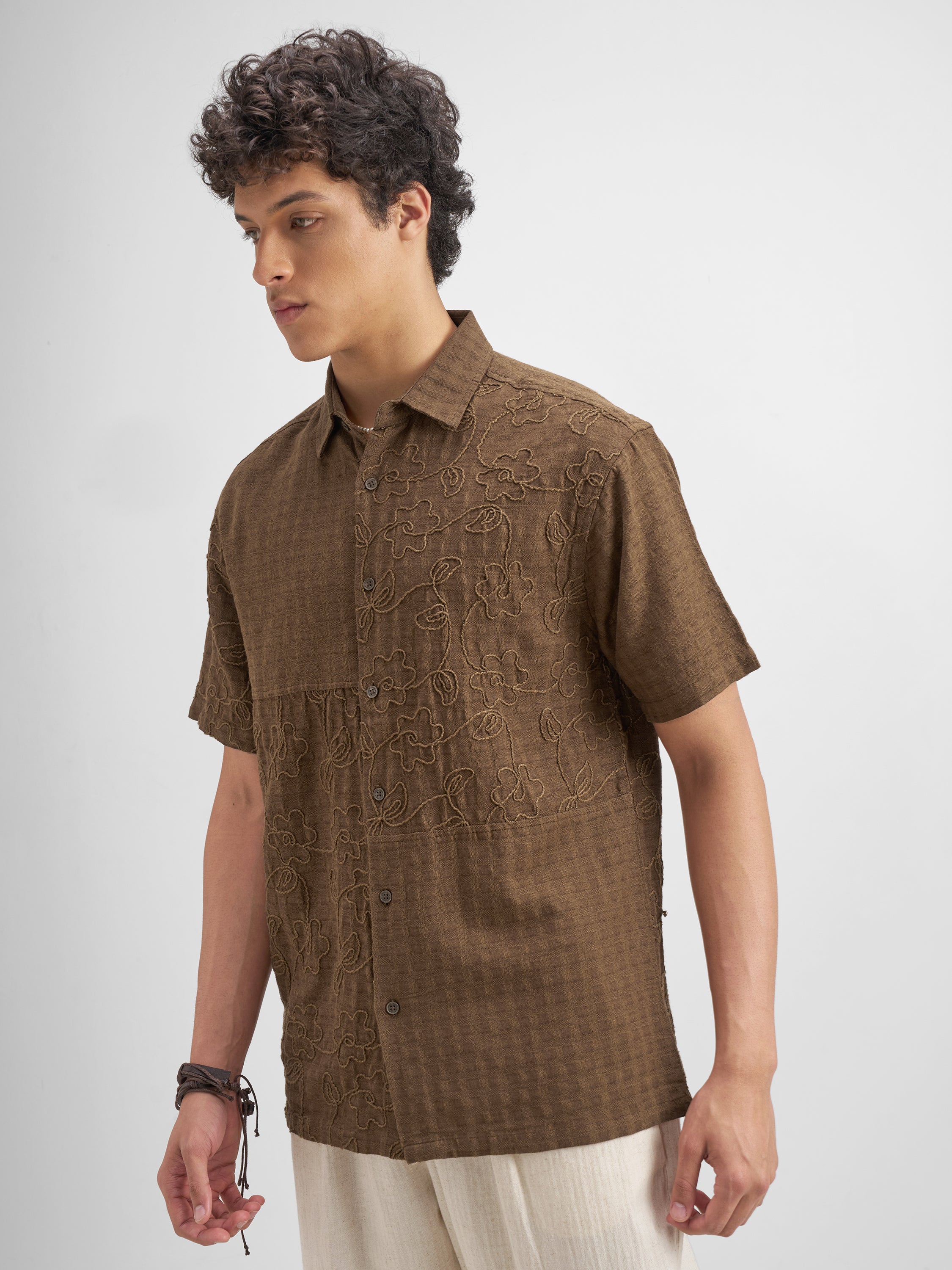Highlander Men Brown Embroidered Relaxed Fit Casual Shirt - Brown - Image 4