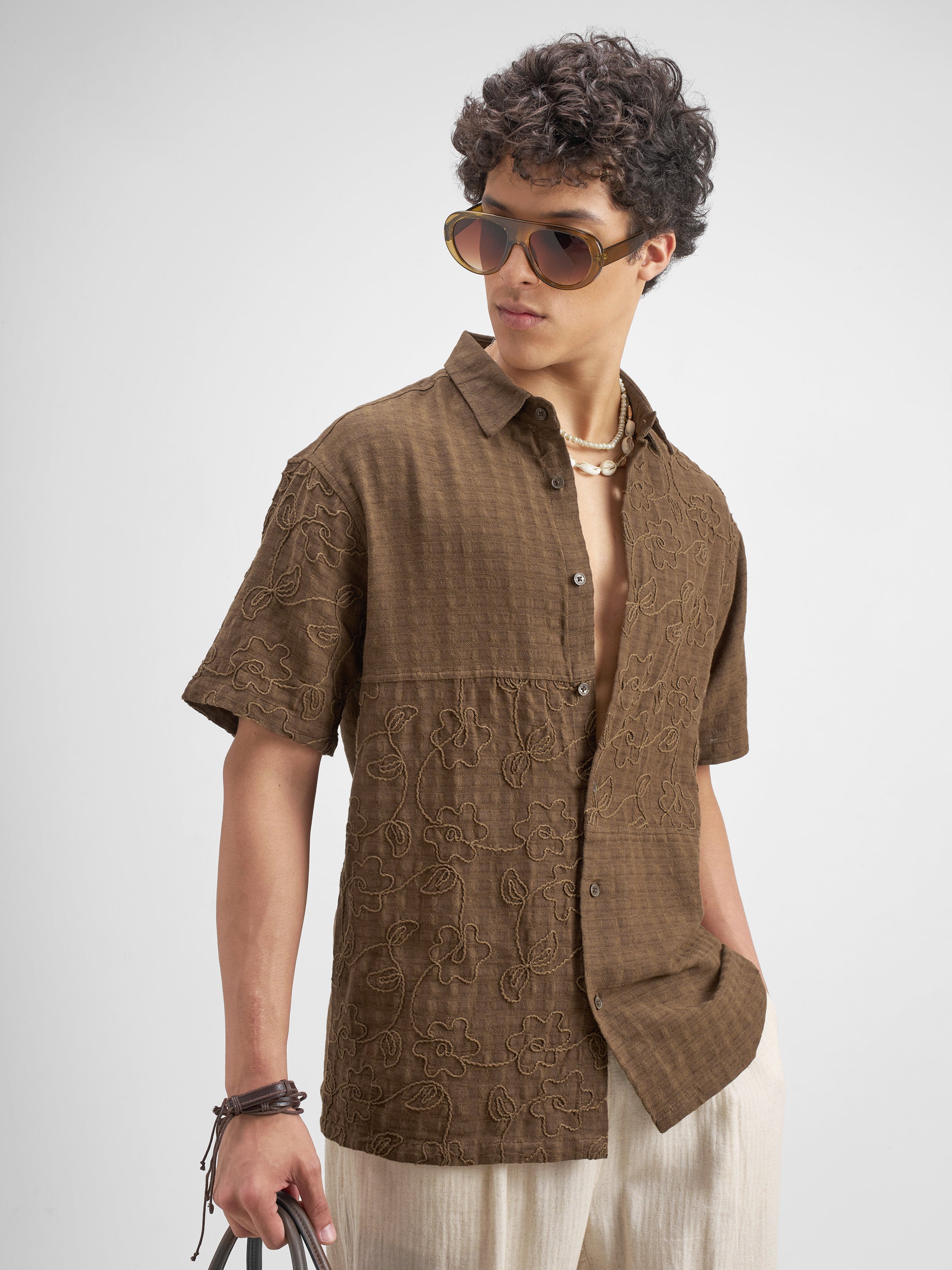 Highlander Men Brown Embroidered Relaxed Fit Casual Shirt - Brown - Image 6