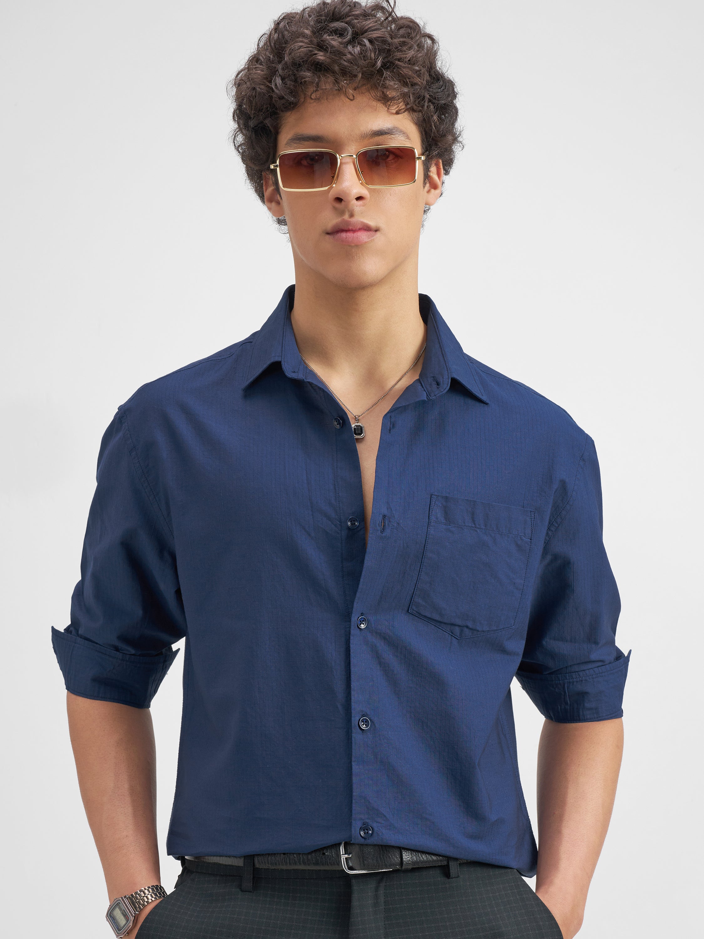 Highlander Men Blue Solid Relaxed Fit Casual Shirt - Blue - Image 1