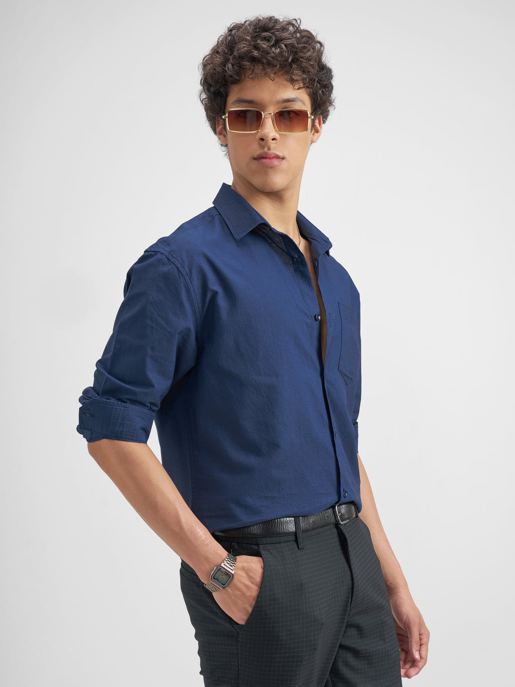 Highlander Men Blue Solid Relaxed Fit Casual Shirt - Blue - Image 6
