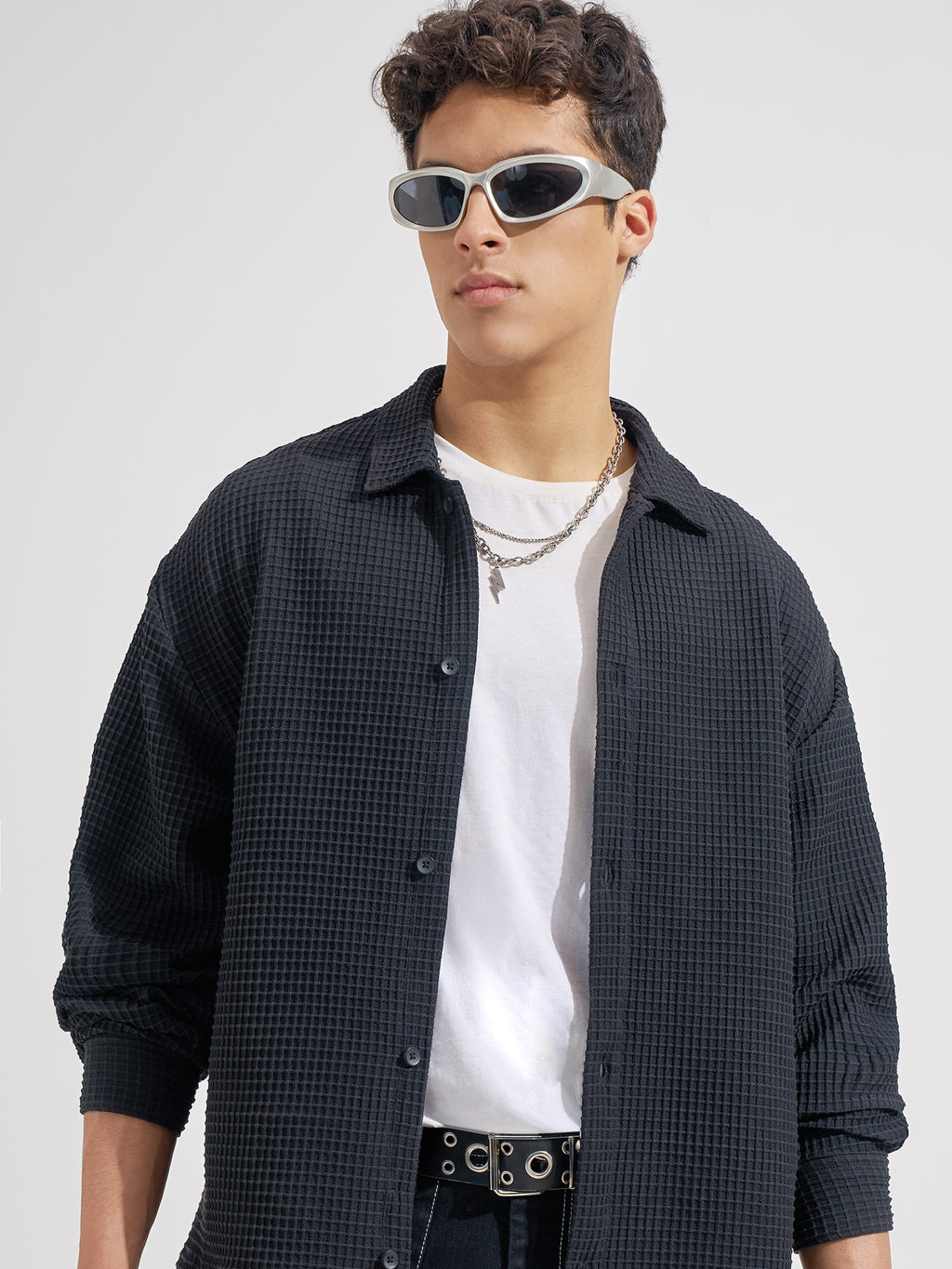 Highlander Men Black Self Design Boxy Fit Casual Shirt