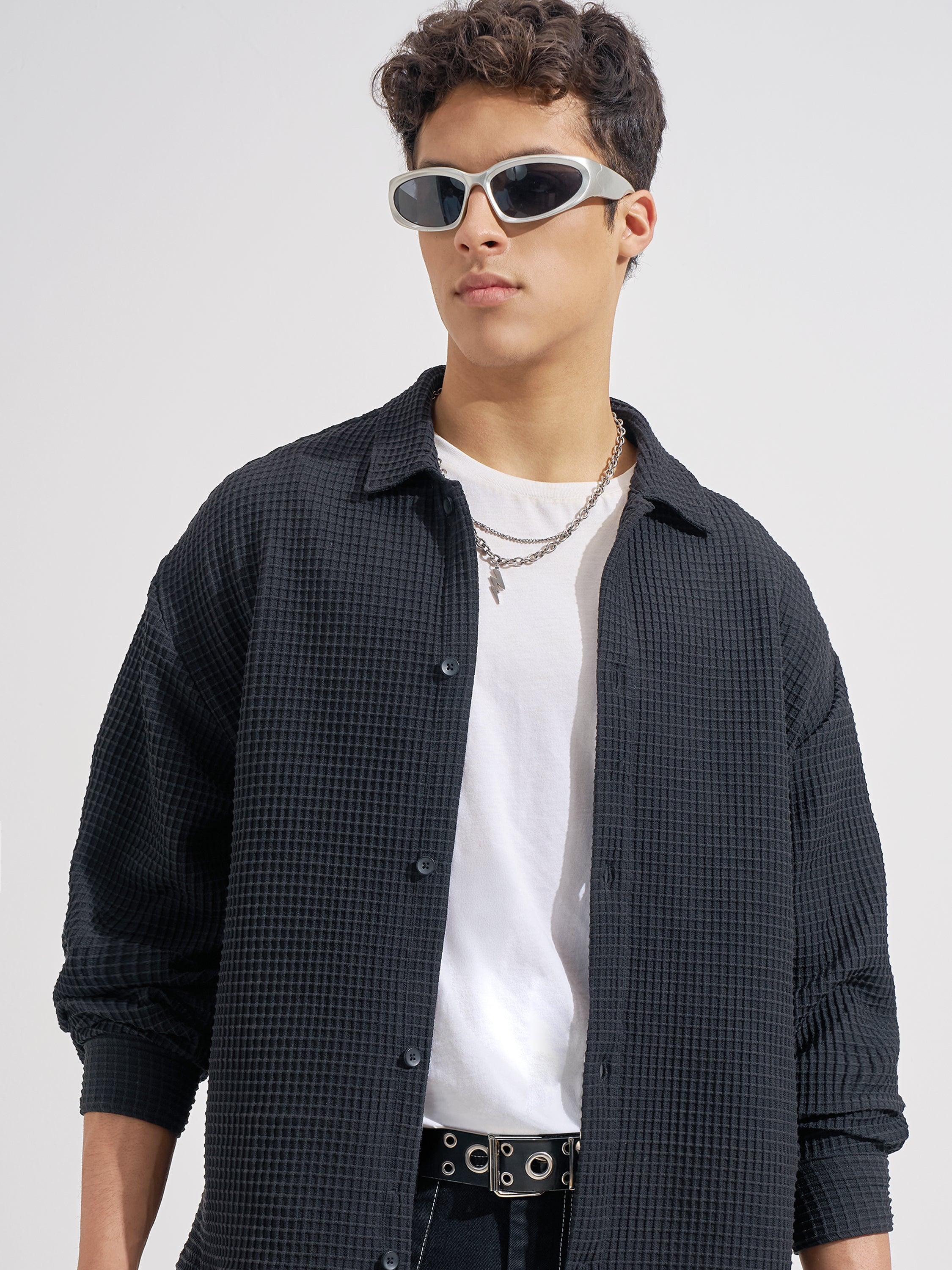 Highlander Men Black Self Design Boxy Fit Casual Shirt