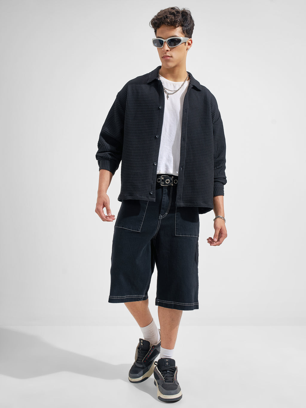 Highlander Men Black Self Design Boxy Fit Casual Shirt