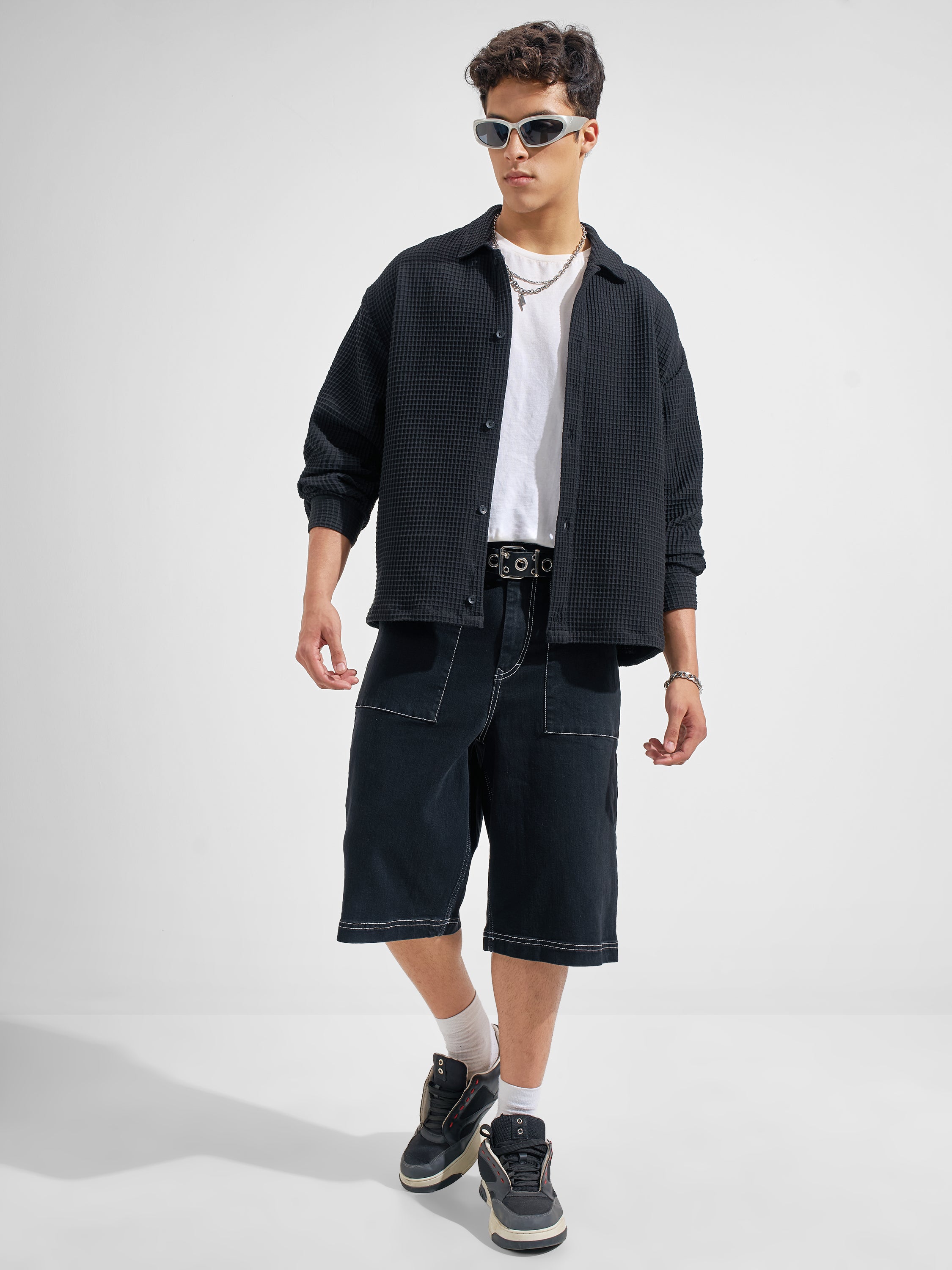 Highlander Men Black Self Design Boxy Fit Casual Shirt