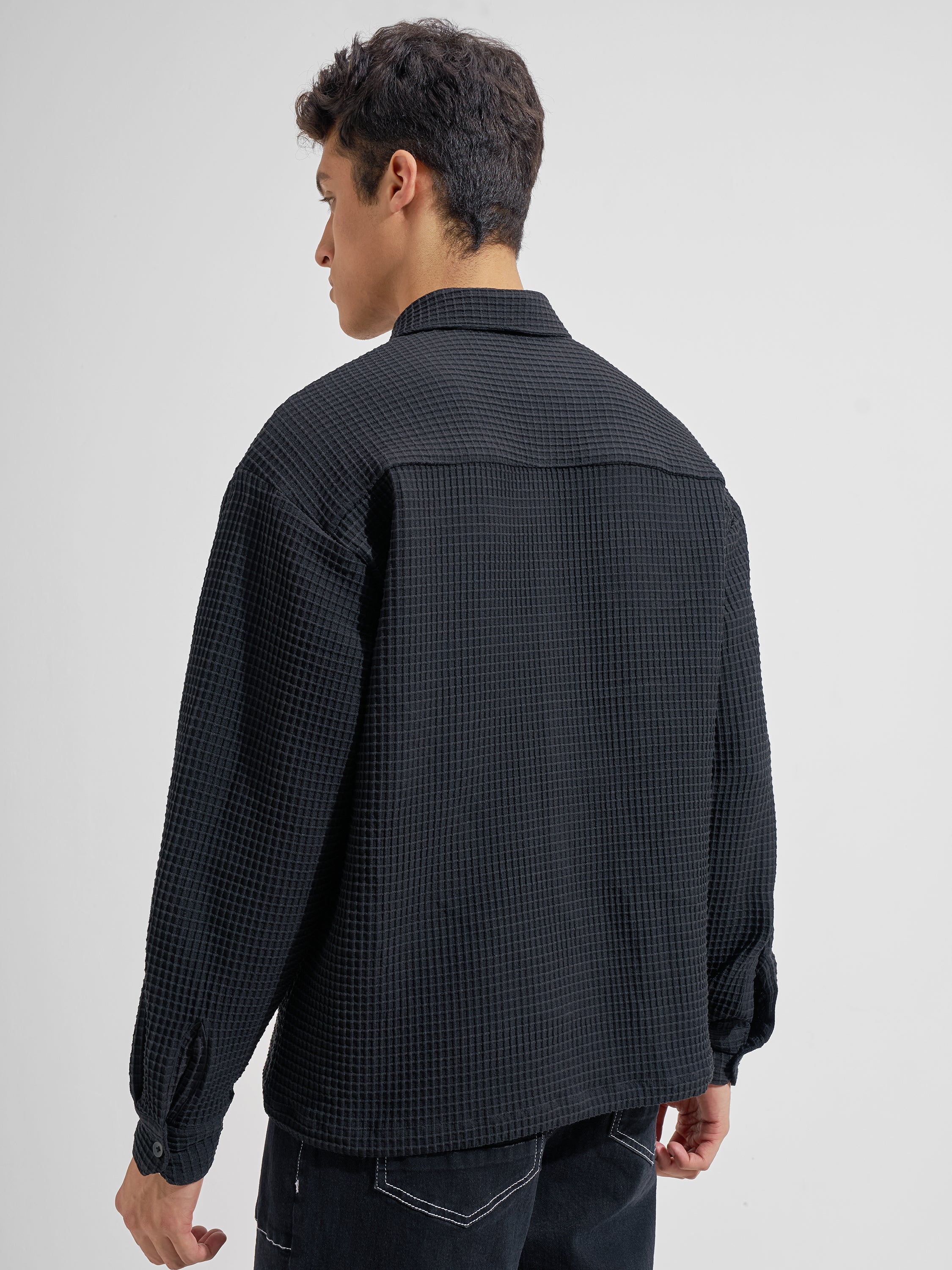 Highlander Men Black Self Design Boxy Fit Casual Shirt