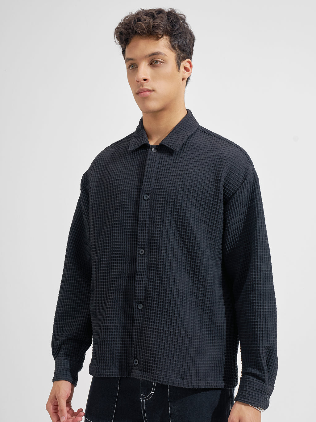 Highlander Men Black Self Design Boxy Fit Casual Shirt