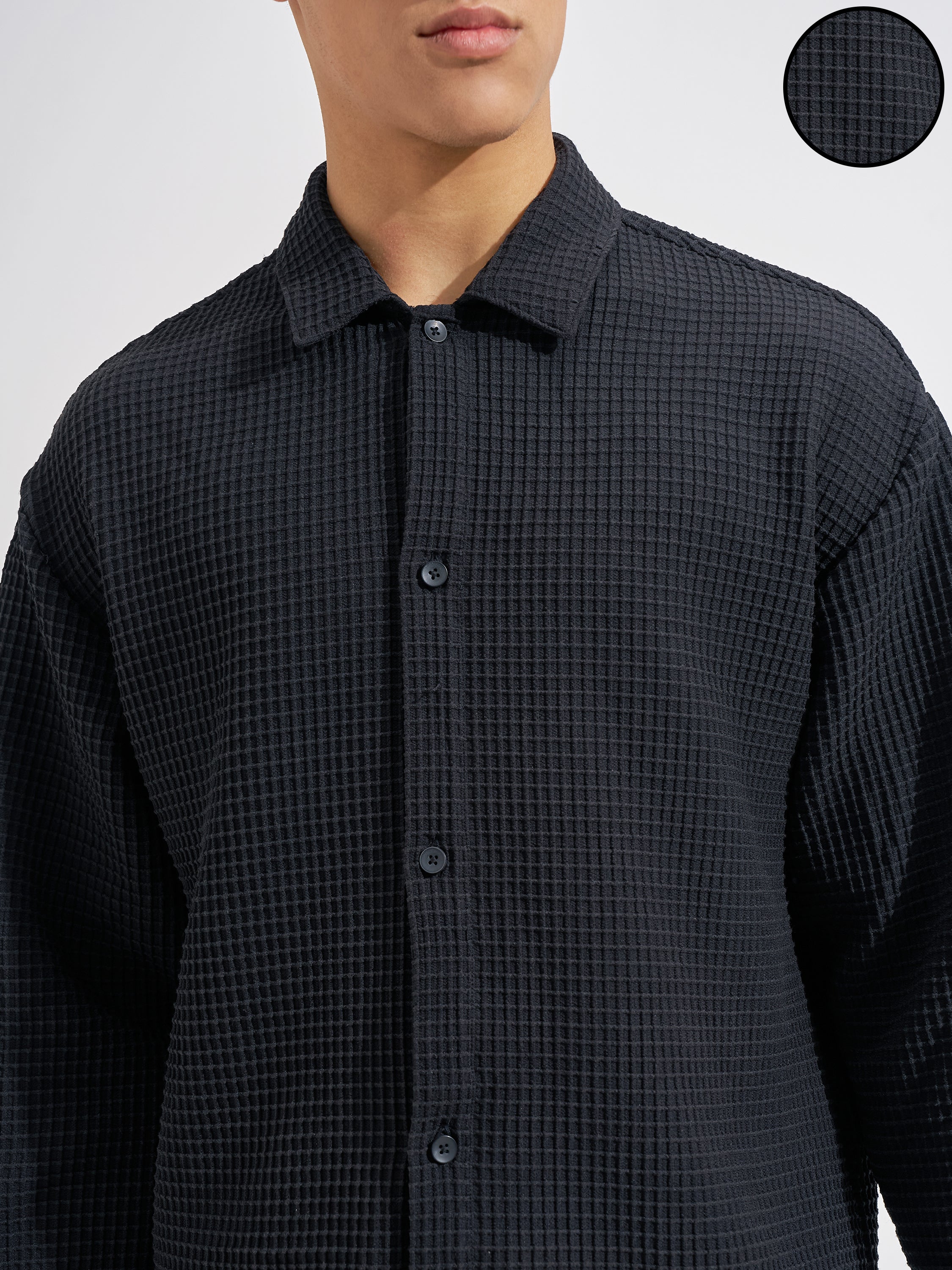 Highlander Men Black Self Design Boxy Fit Casual Shirt