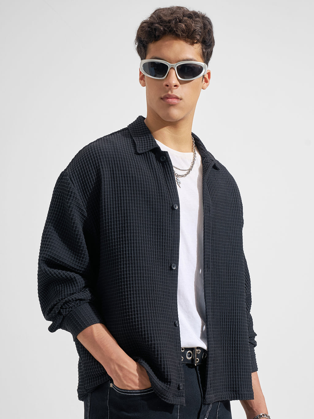 Highlander Men Black Self Design Boxy Fit Casual Shirt