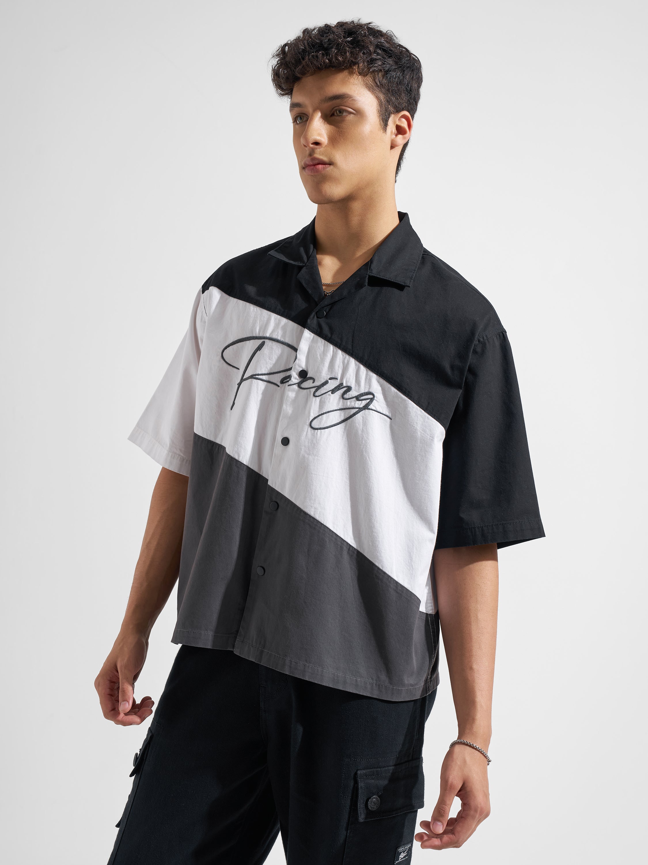 Highlander Men Black Colourblocked Boxy Fit Casual Shirt